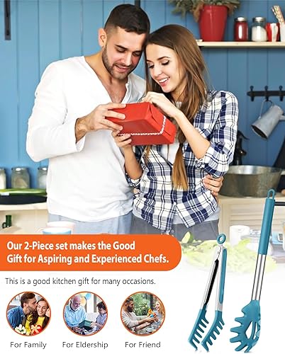 Miniatura 6 de Cuchara de silicona para espaguetis y pinza para pasta, mango de acero inoxidable antiadherente, juego de tenedores para pasta con dientes, clip