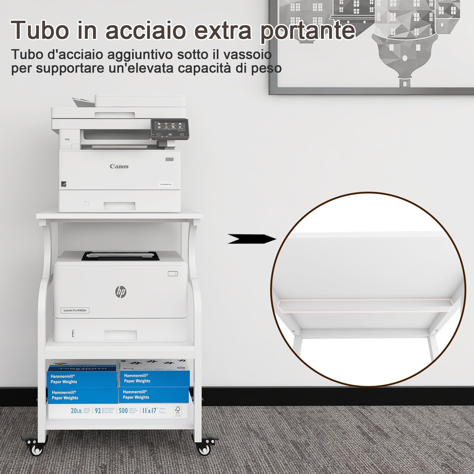 PUNCIA Supporto per Stampante 60x50CM Scaffale per Stampante in Legno Tavolino con Ruote per Documenti Mobiletto per Fotocopiatrice 3D Carrello per Scanner Fax per Ufficio e Casa (Bianco)