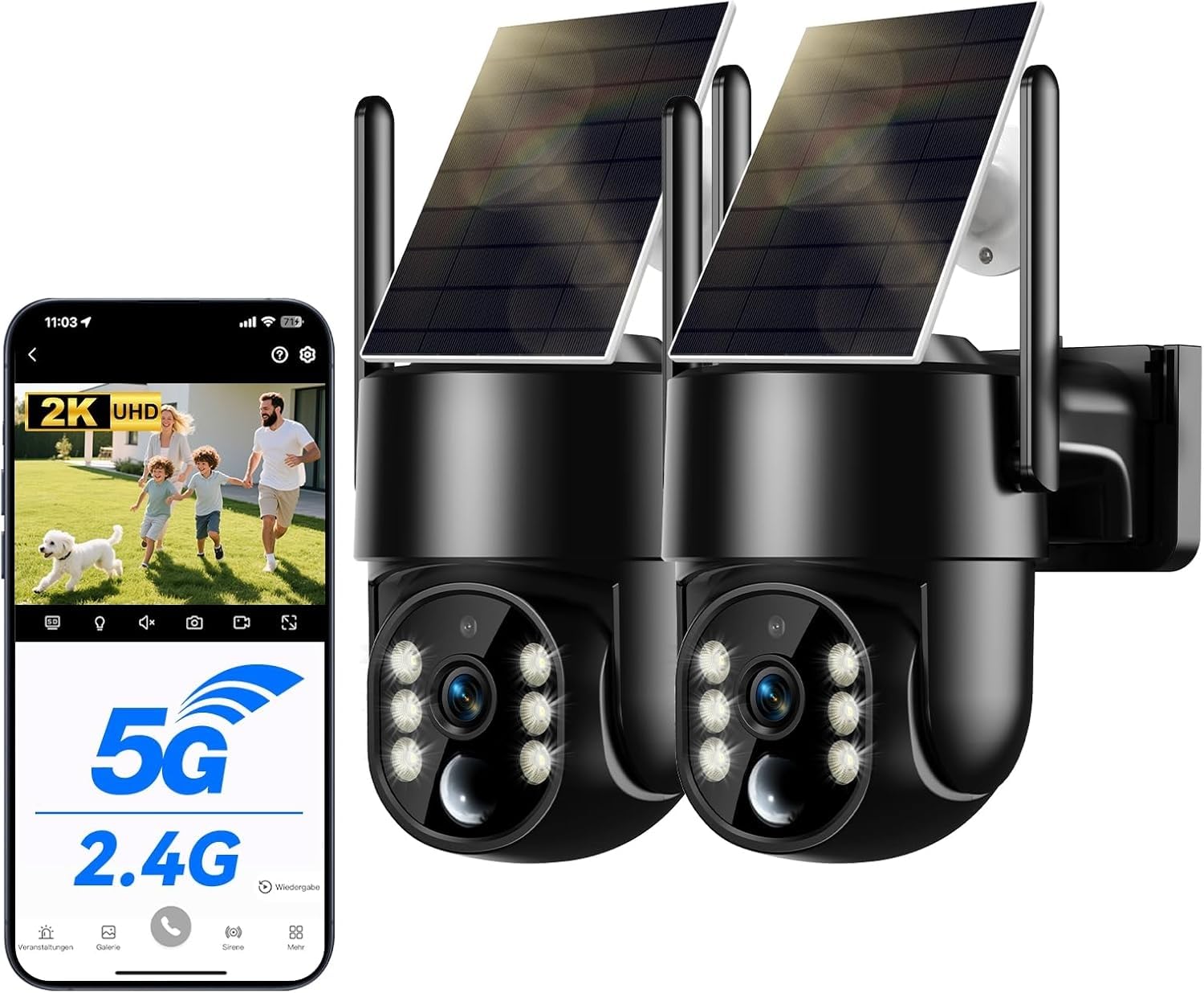 WESECUU Telecamera WiFi Esterna senza Fili Solare 2.5K 4MP con Pannello Solare 5W, Wi-Fi 2.4G e 5GHz, Registrazione Continua 24/7, Batteria 8000mAh, Monitoraggio Automatico PTZ a 360°, IP66, PIR