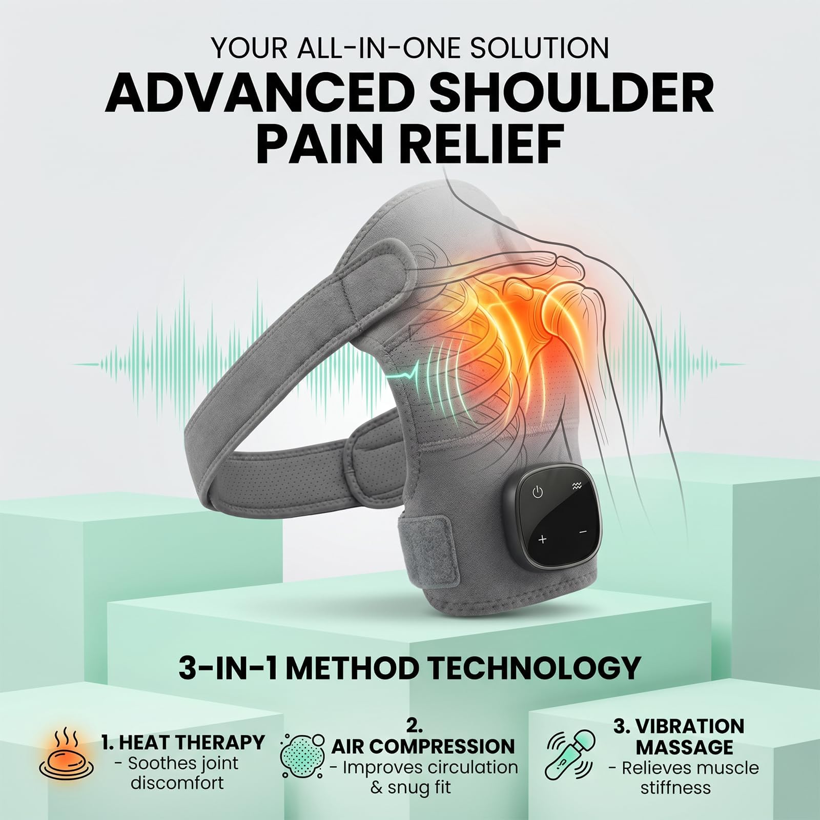 Schulter Massagegerät, Triple Method Schulter Massagegerät, Schultermassage Gerät mit Wärme und Vibration, 5 Heizstufen und 5 Vibrationsmodi, Einstellbar Schultermassage Gerät,Beheizte Schulterbandage