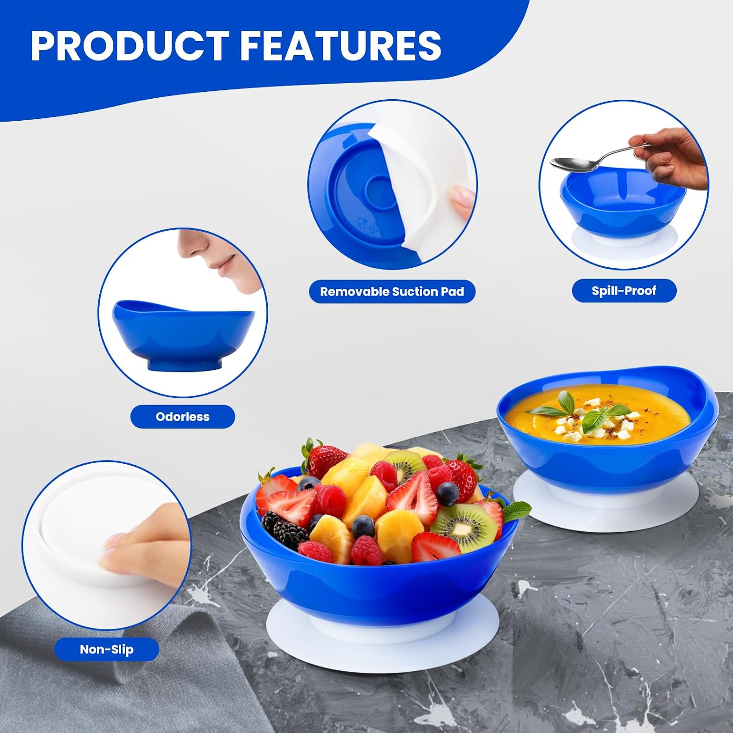 2Pack Spill Proof Scoop Bowl with Non-Skid Suction Base, Adaptive Self-Feeding Dinnerware for Elderly and Disabled