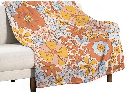 Miniatura 92 de Manta de tiro floral retro de los años 70, estilo bohemio, ondulado, geométrico, hippie, lindas flores, amarillo y naranja, manta con estampado