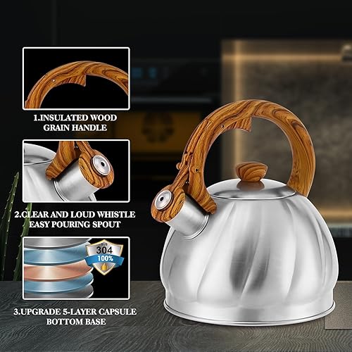 Miniatura 2 de Haus Roland Hervidor de té de acero inoxidable para estufa, patrón en espiral, calentamiento rápido, hervidor de agua caliente de 2.1 cuartos de