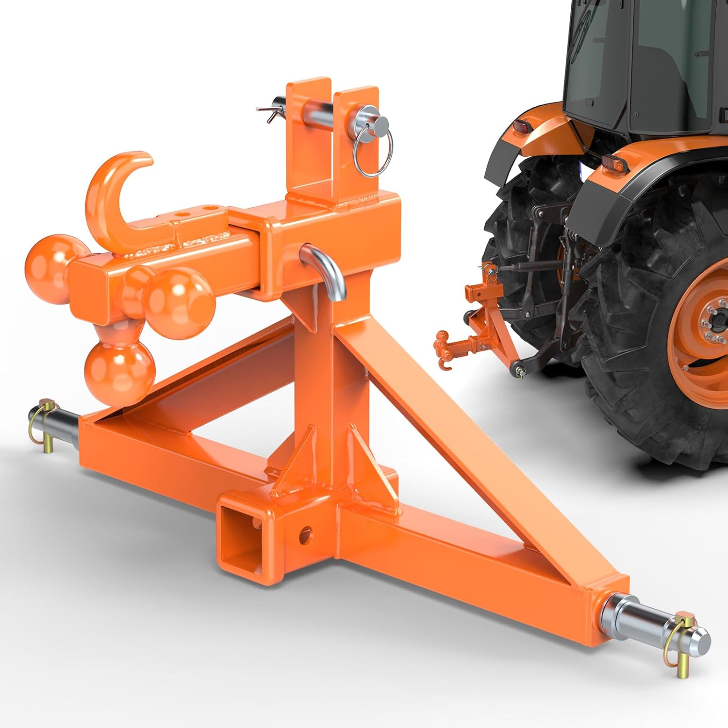 Orange 3 Point Hitch Receiver Dual 2” Receiver with Tri-Ball & Hook, Heavy-Duty 3 Point Quick Hitch Category 1, 3 Point Hitch Attachments Fit Gooseneck, 5th Wheel & Ball Hitch, Fit Category 1 Tractor