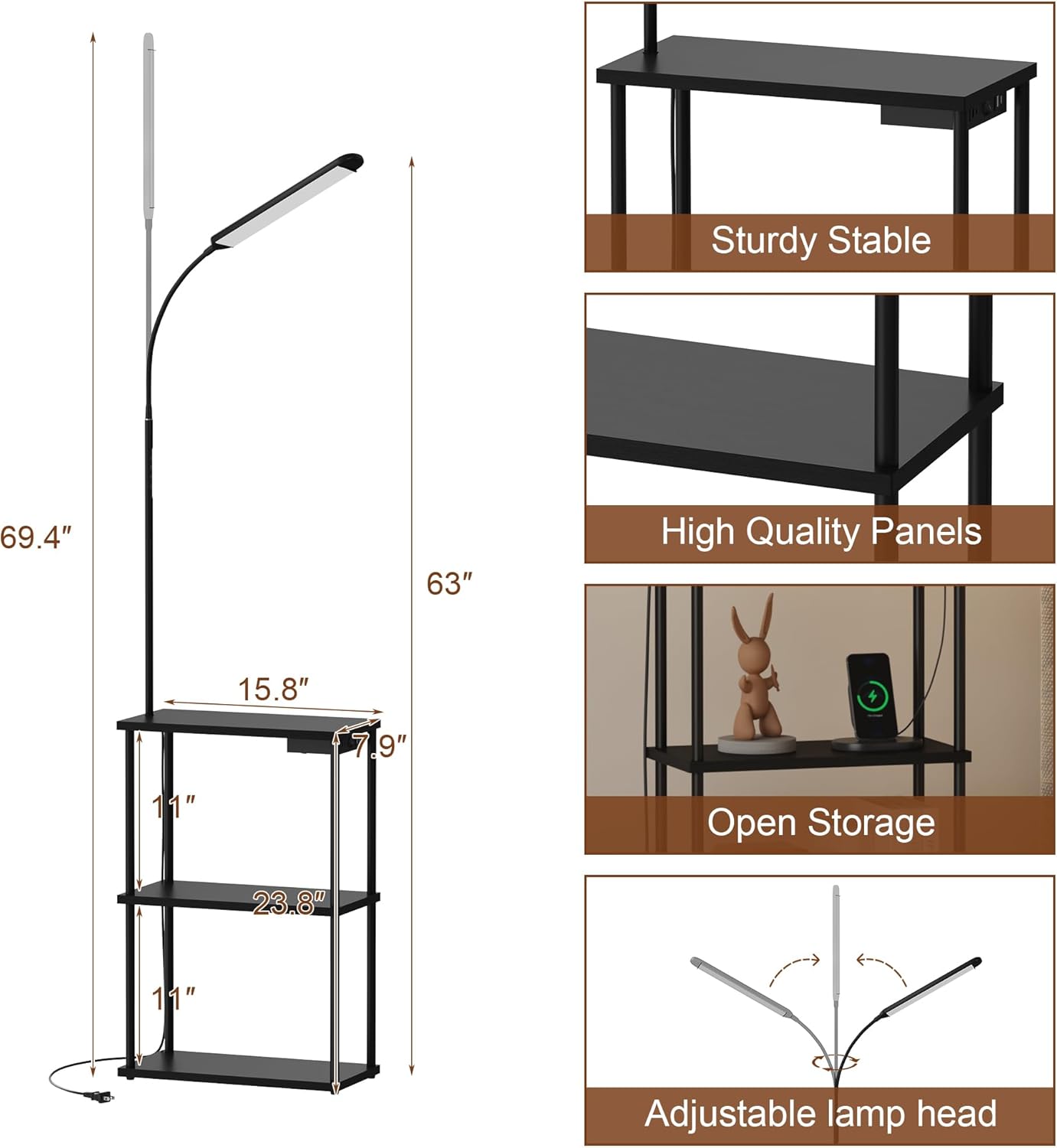 LED Floor Lamp with Table, 15W Bright Reading floor lamp with Remote & Touch Control, Narrow Side Table with USB Charging Station and AC Port, End Table for Bedroom, Living Room and Home Office, Black