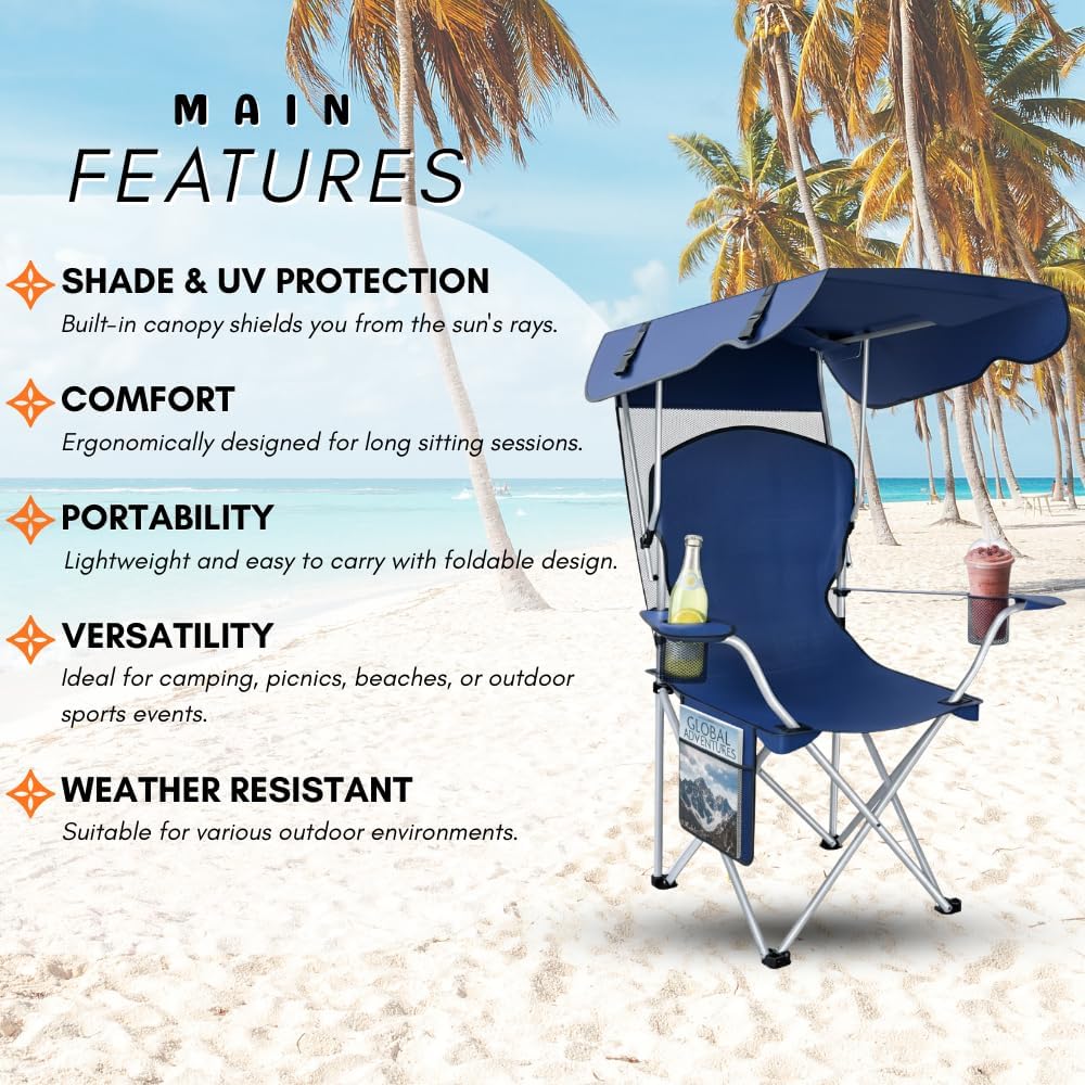 Portable Folding Camping Chairs with Canopy Shade, Beach Chair for Adults, Durable Weather Resistant 600D Oxford Cloth, Camping Chair with Canopy for Outdoors [Navy]