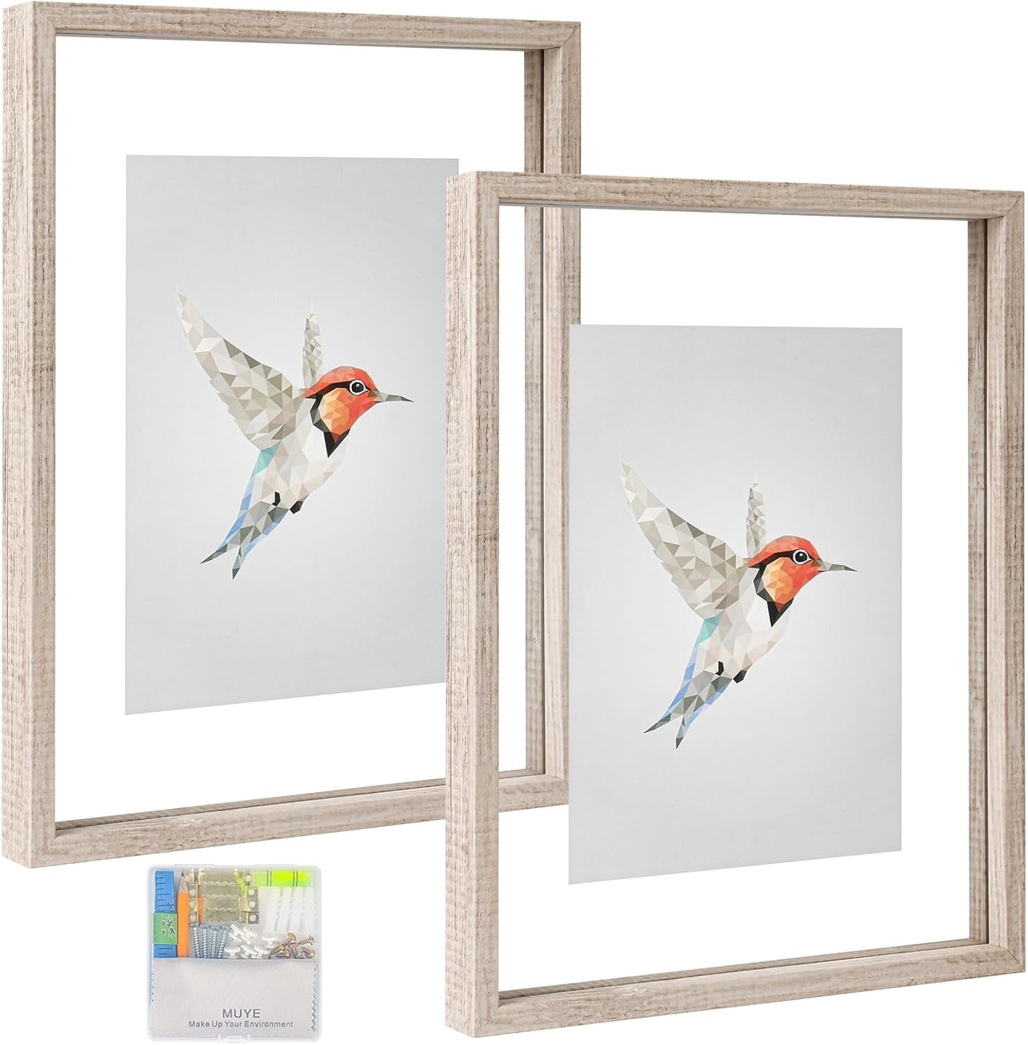 MUYE 11x14 Floating Frames Distressed Beige White Wood Pattern,Double Glass Picture Frame Set of 2 Display Any Size Photo up to 11x14,Wall Mount or Tabletop