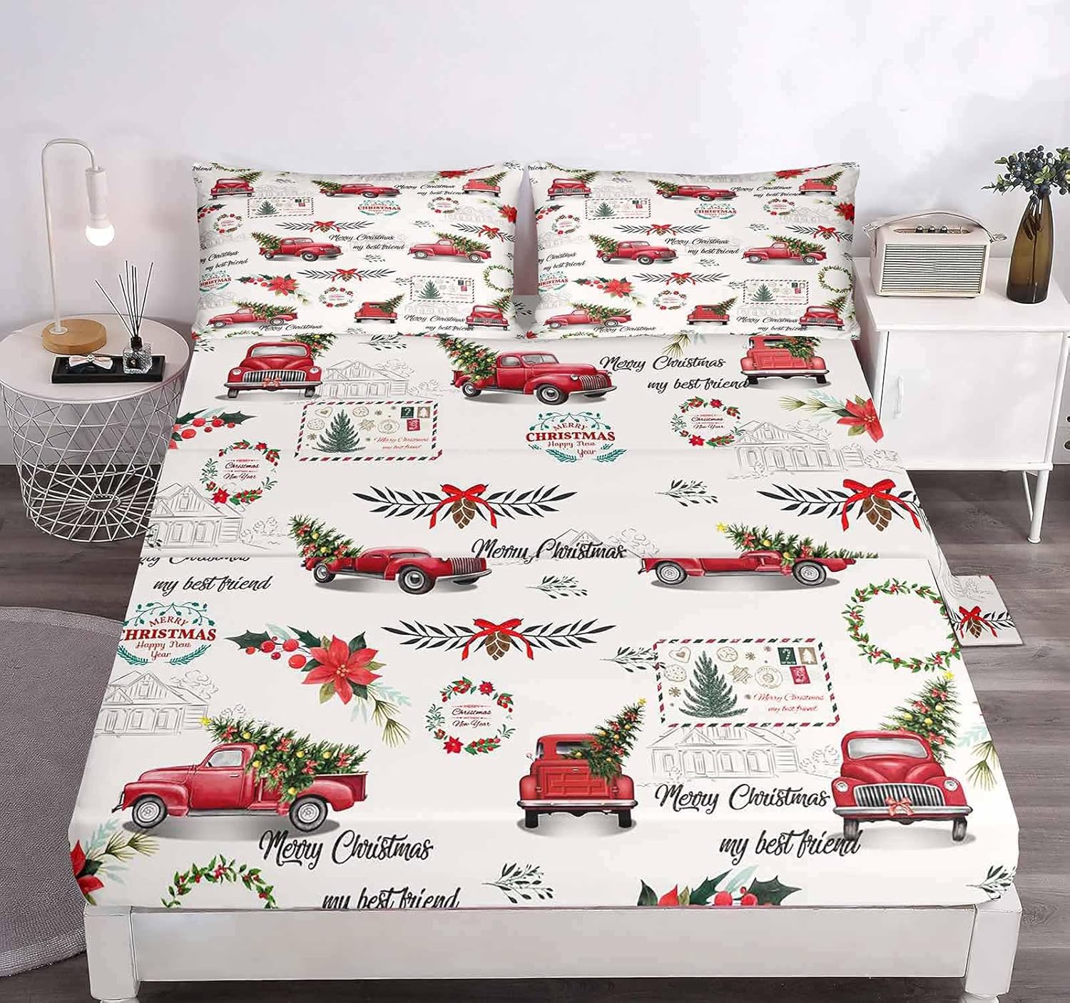 LUVIVIHOME 4PCS Red Truck Sheets Set, Full Bed Sheets, Beige Sheets, Rustic Farmhouse Poinsettia Xmas Tree Winter Holiday New Year Christmas Bedding, 1 Fitted Sheet & 1 Flat Sheet with 2 Pillowcases
