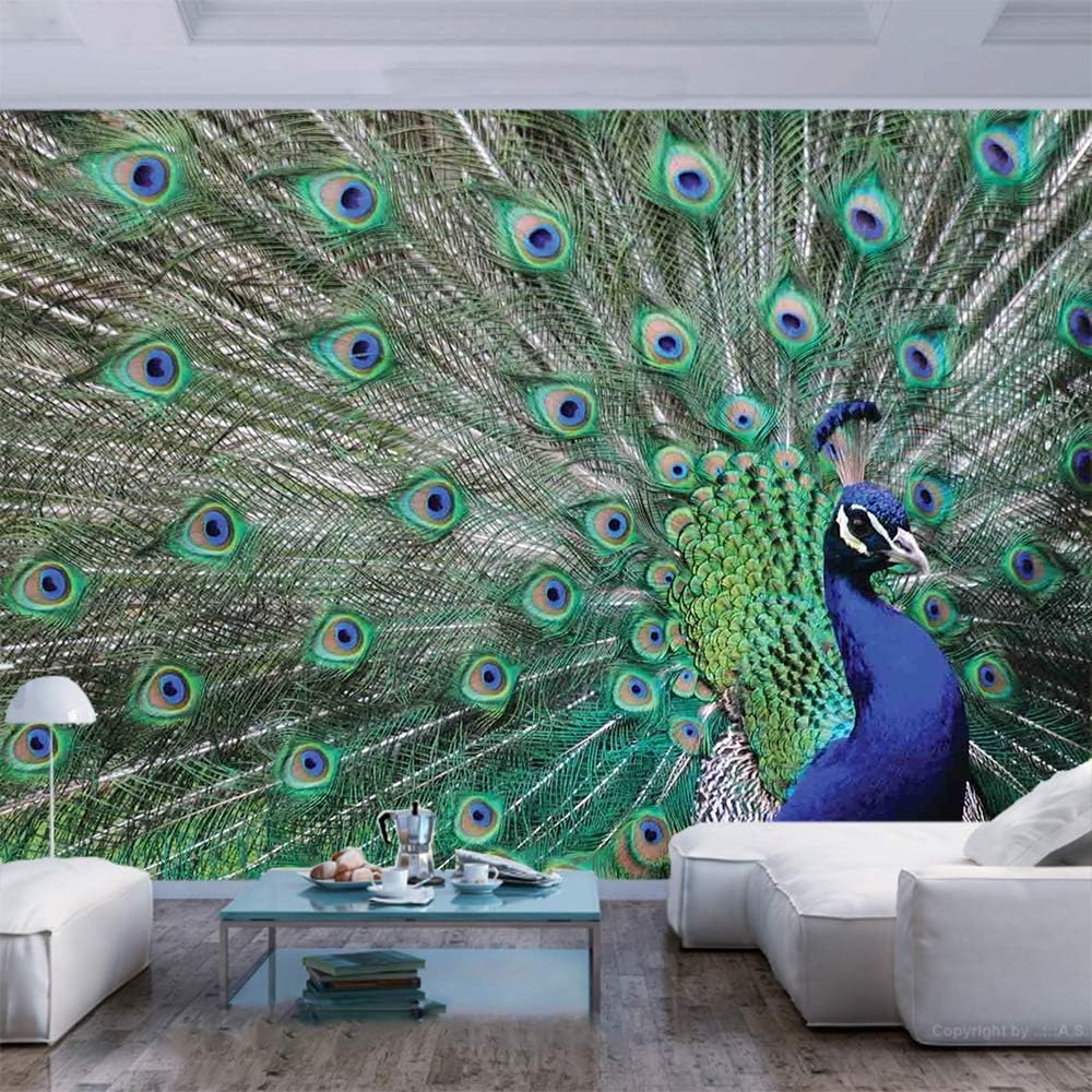 77x30 inches Wall Mural,Peacock Displaying Elongated Majestic Feathers Open Wings Picture Peel and Stick Self-Adhesive Wallpaper Removable Large Wall Sticker Wall Decor for Home Office