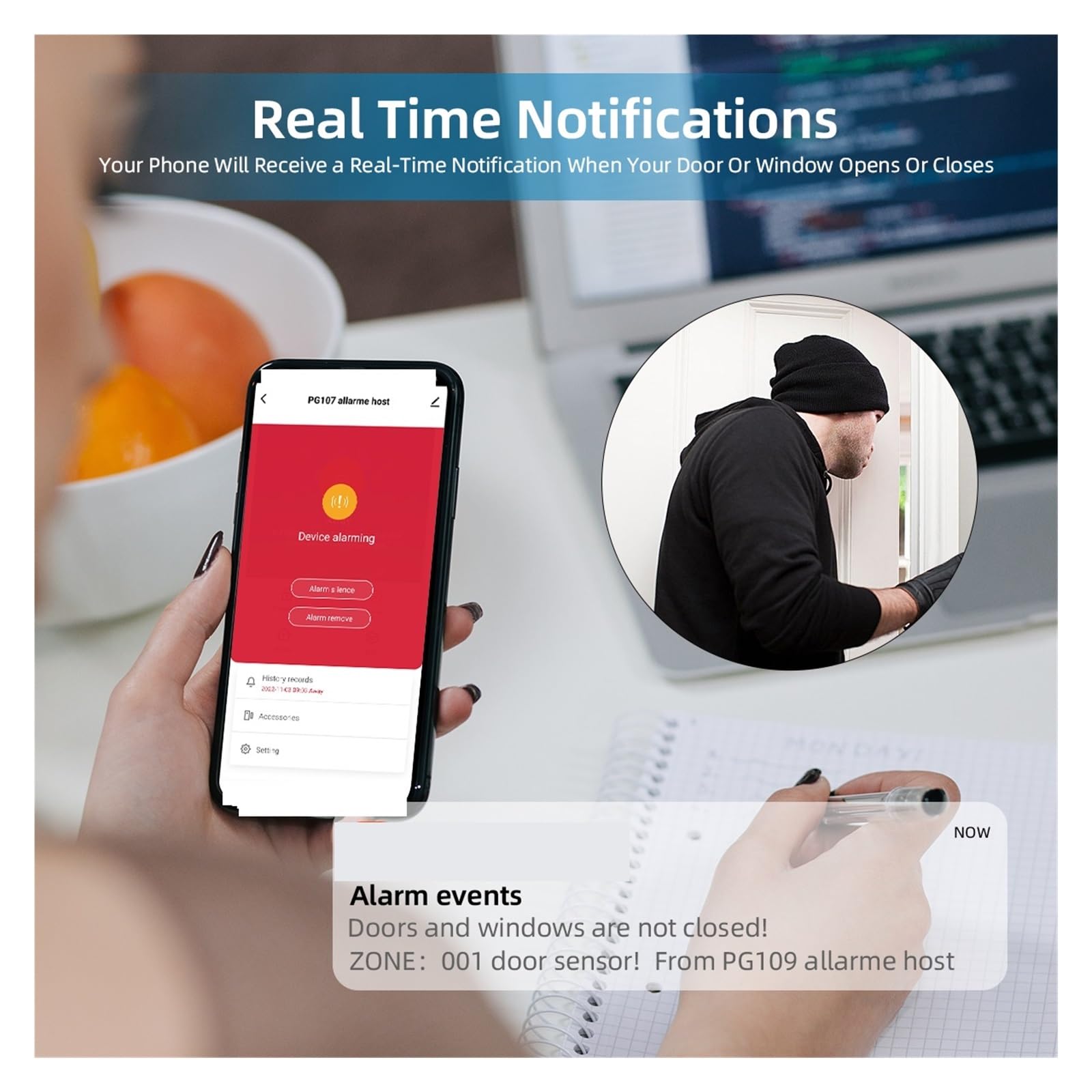 Sistema di Allarme di Sicurezza Domestica, Smart Alarm Sistemi di Allarme Antifurto gsm da 4,3 Pollici for Il Controllo 'App Supporto Domestico con Visualizzazione A Temperatura(Set 10)
