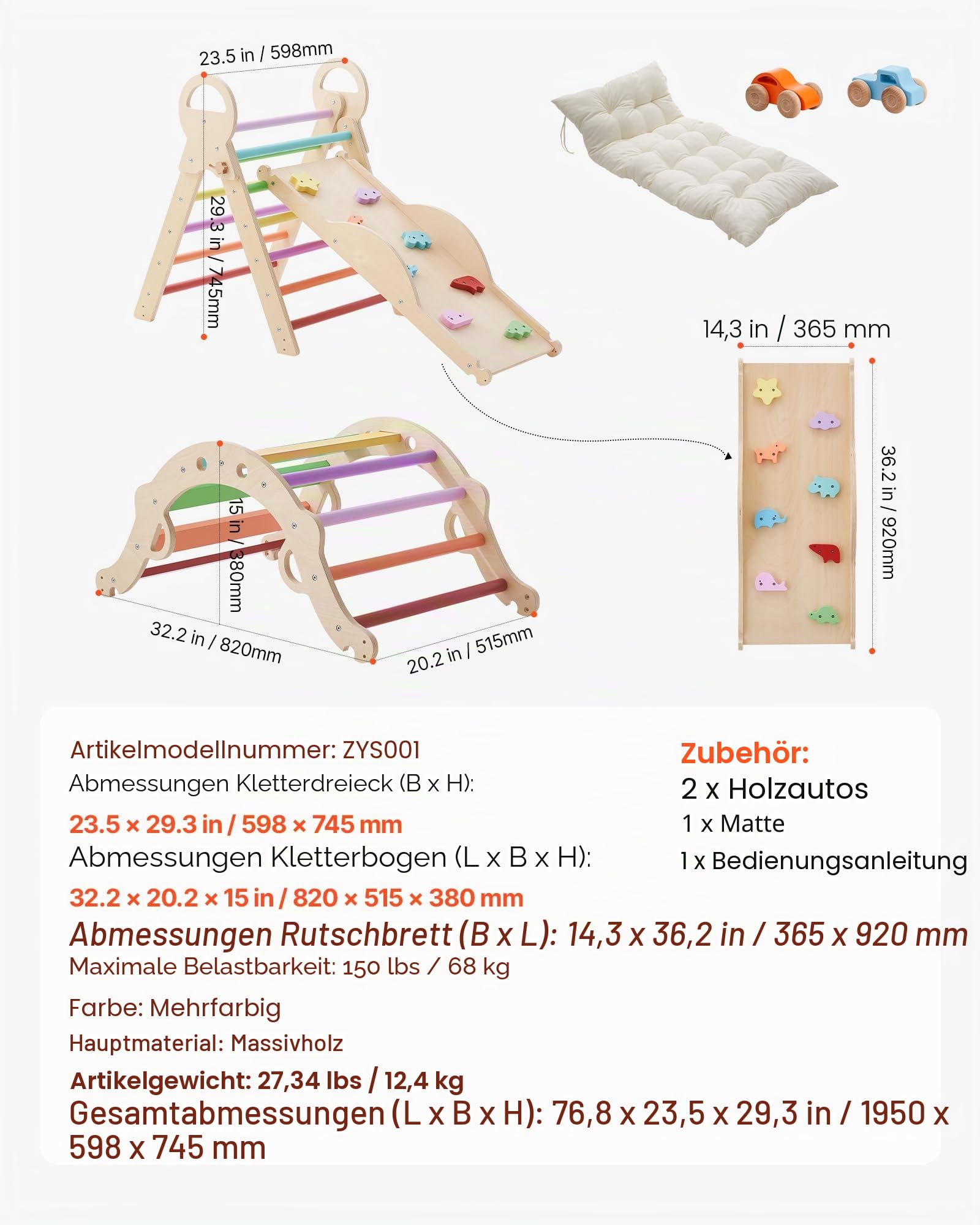 VEVOR Kletterdreieck, 9-in-1 Kletterspielzeug, mit Holzautos, Kissen, Kletterdreieck, Rutsche & Kletterbogen, bis 68 kg, Montessori Indoor Spielset für Kinder im Alter von 1 bis 3 Jahren, Mehrfarbig