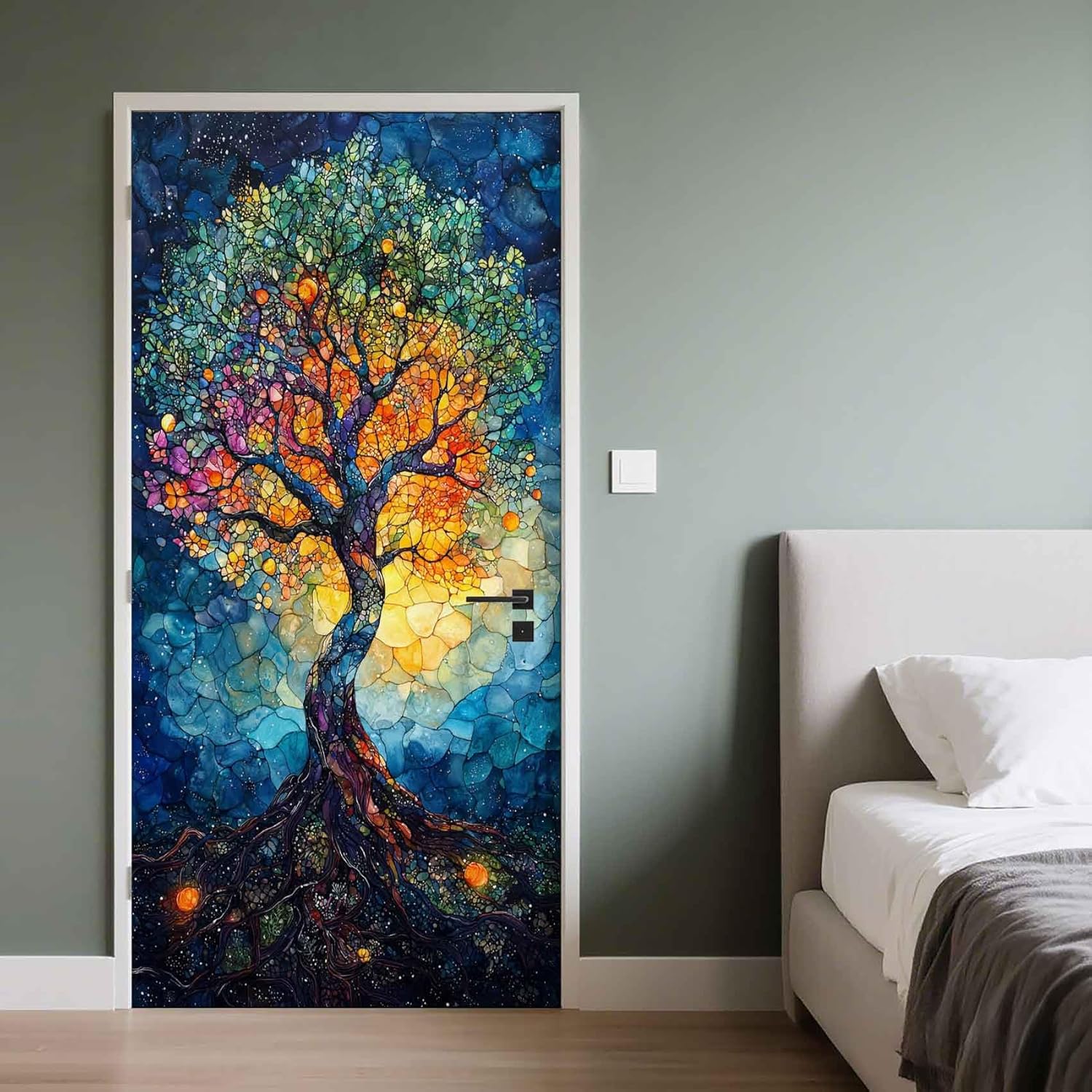 Tree of Life 3D Door Stickers Murals Stained Glass Door Sticker Peel and Stick Colorful Tree Wallpaper Self-Adhesive Removable Murals for Bedroom Living Room Decor 36"x80"