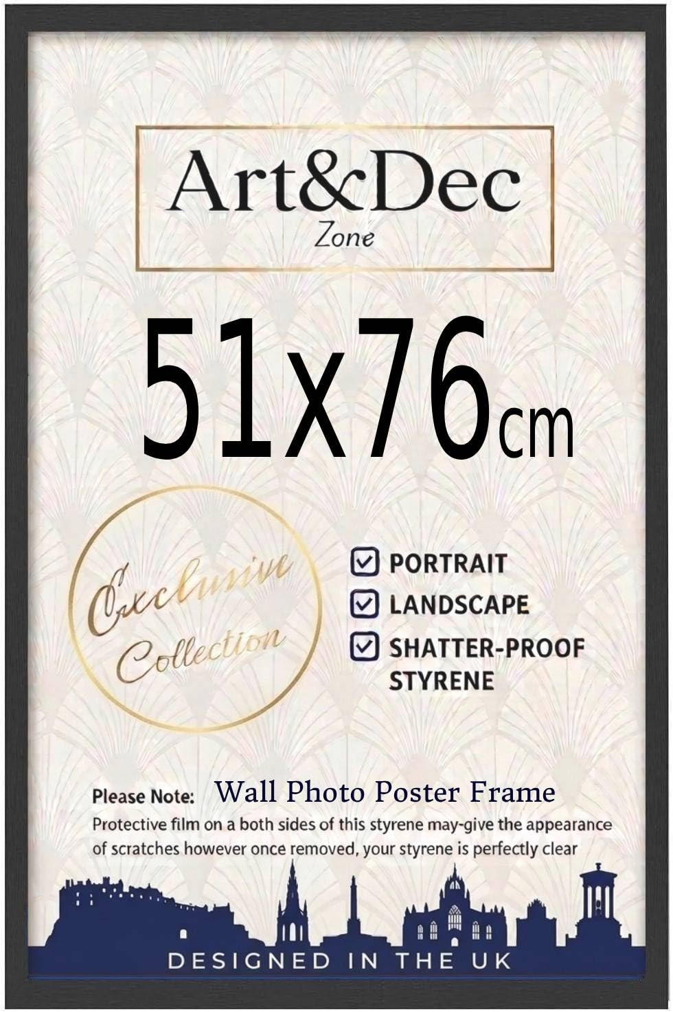 Art & Dec Zone® Sleek Black MDF Picture Frame 51x76 cm Durable MDF Poster Frame with Clear Acrylic Protection – Wall Display for Photos, Artwork & Prints