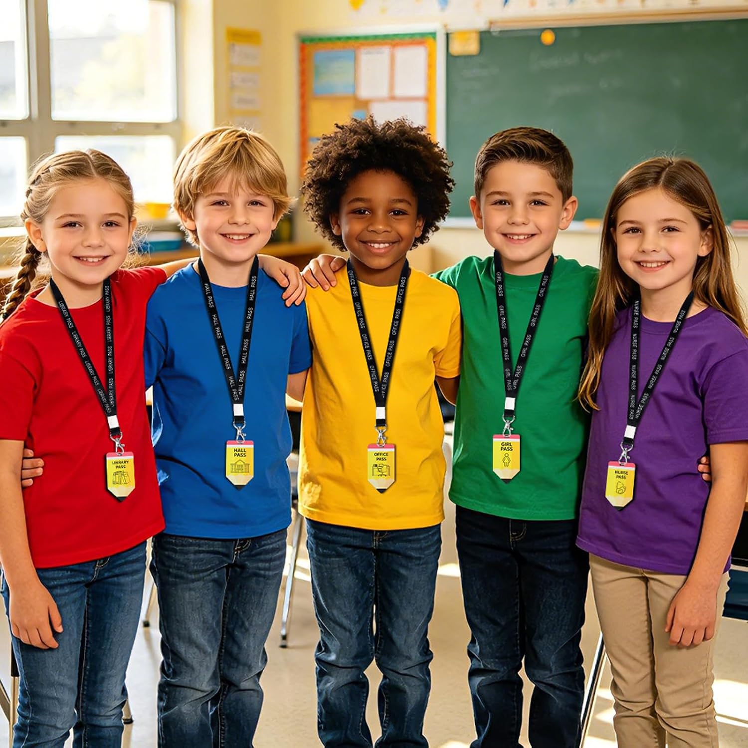 JANYUN Wooden 1 Chalkboard 6Pcs Pencil Classroom Hall Passes with Lanyards image 5