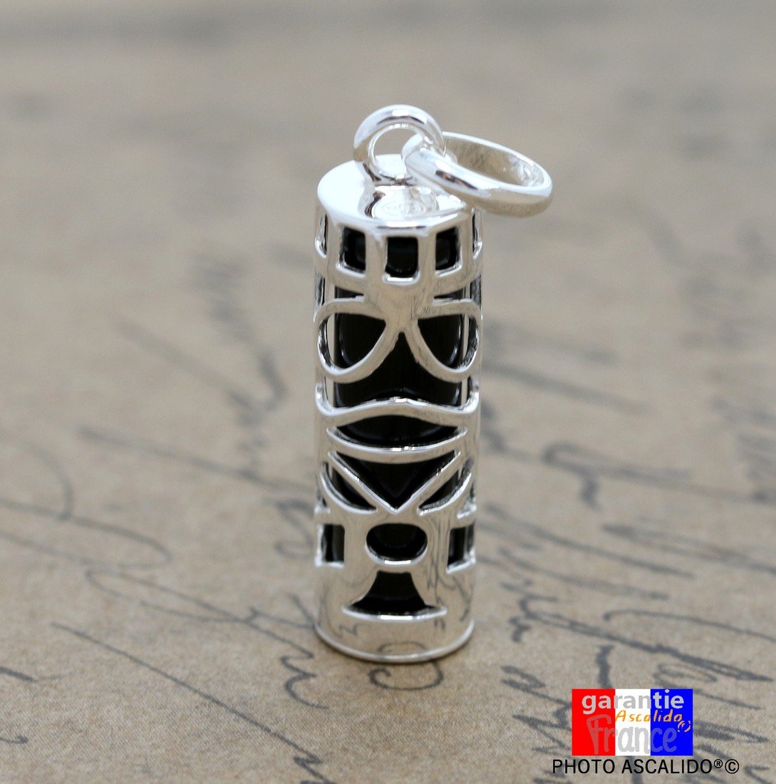 Ensemble pendentif amulette porte bonheur Tahitien tiki sagesse et sa chaine 50cm en argent massif 925 noir neuf et avec coffret