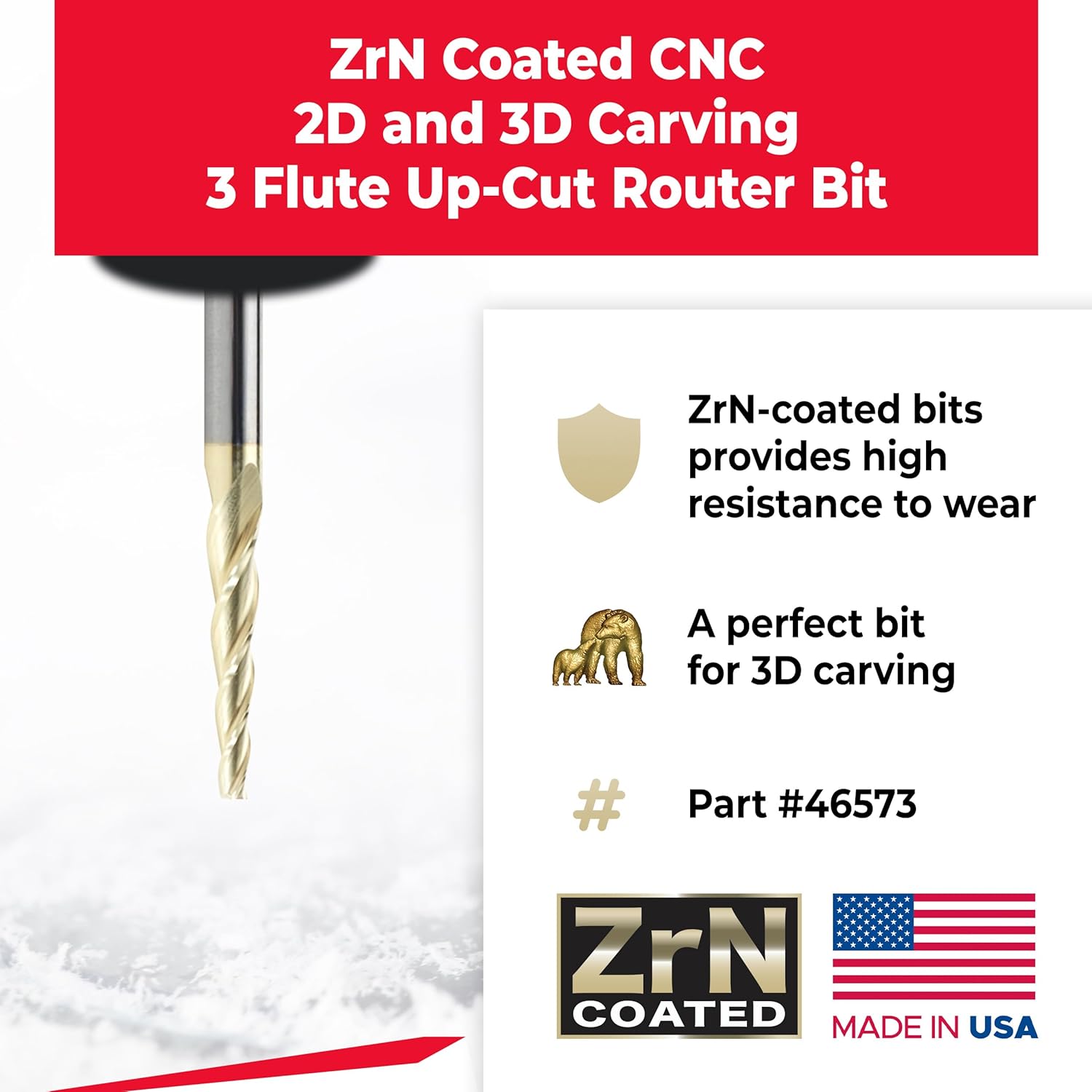 Amana Tool CNC Router Bits for 2D/3D Carving Flat Bottom, ZrN Coated, 46573, 3.6 Deg Angle x 1/8 Dia x 1 x 1/4 Shank x 3 Inch Long x 3 Flute