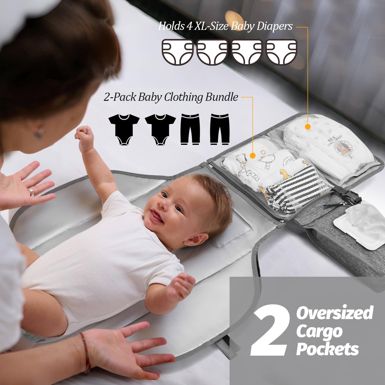 Fasciatoio Portatile Neonato - Fasciatoio Neonato Portatile Staccabile con Borsa per Salviette e Morbido Poggiatesta, Impermeabile Tappetino Viaggio（Grigio)