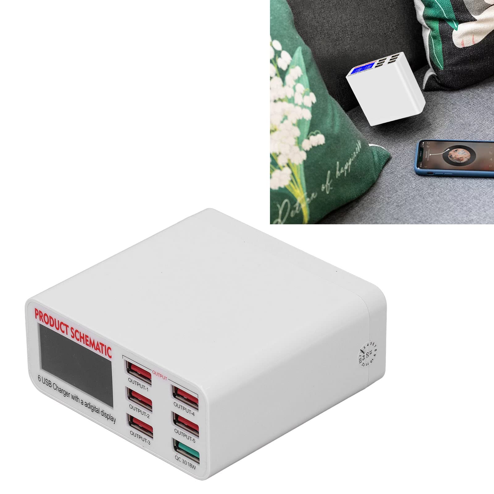 Cocoarm Blocco Caricabatterie USB a 6 Porte, Display Digitale per PC ABS Testa Caricabatterie Intelligente USB CA da 110 a 240 V, Stato di Carica in Tempo Reale, Ricarica Multi Dispositivo per