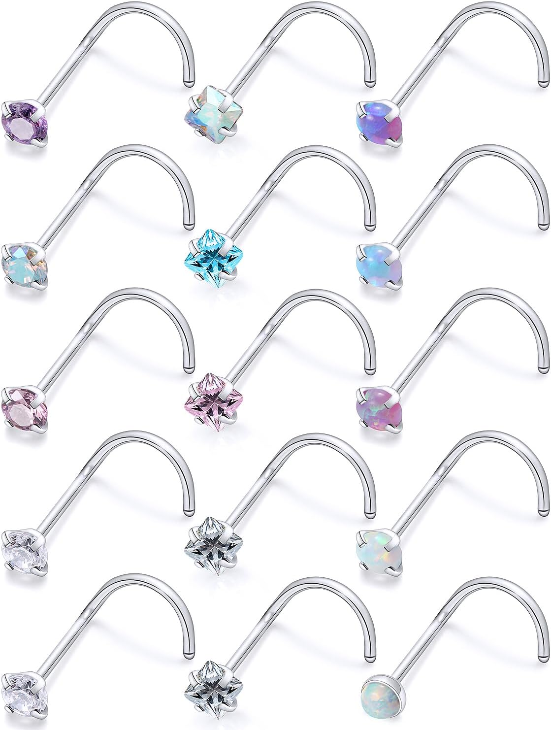Hoeudjo Opal Nose Studs Surgical Steel Nose Rings Studs Cubic Zirconia L Shaped Nose Piercing Jewelry for Women 20G 18G