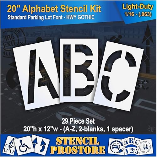 Juego de plantillas para pavimento de 20 pulgadas, kit de plantillas de alfabeto (29 piezas) - 20 x 12 x 116 pulgadas (63 mil) - ligeras