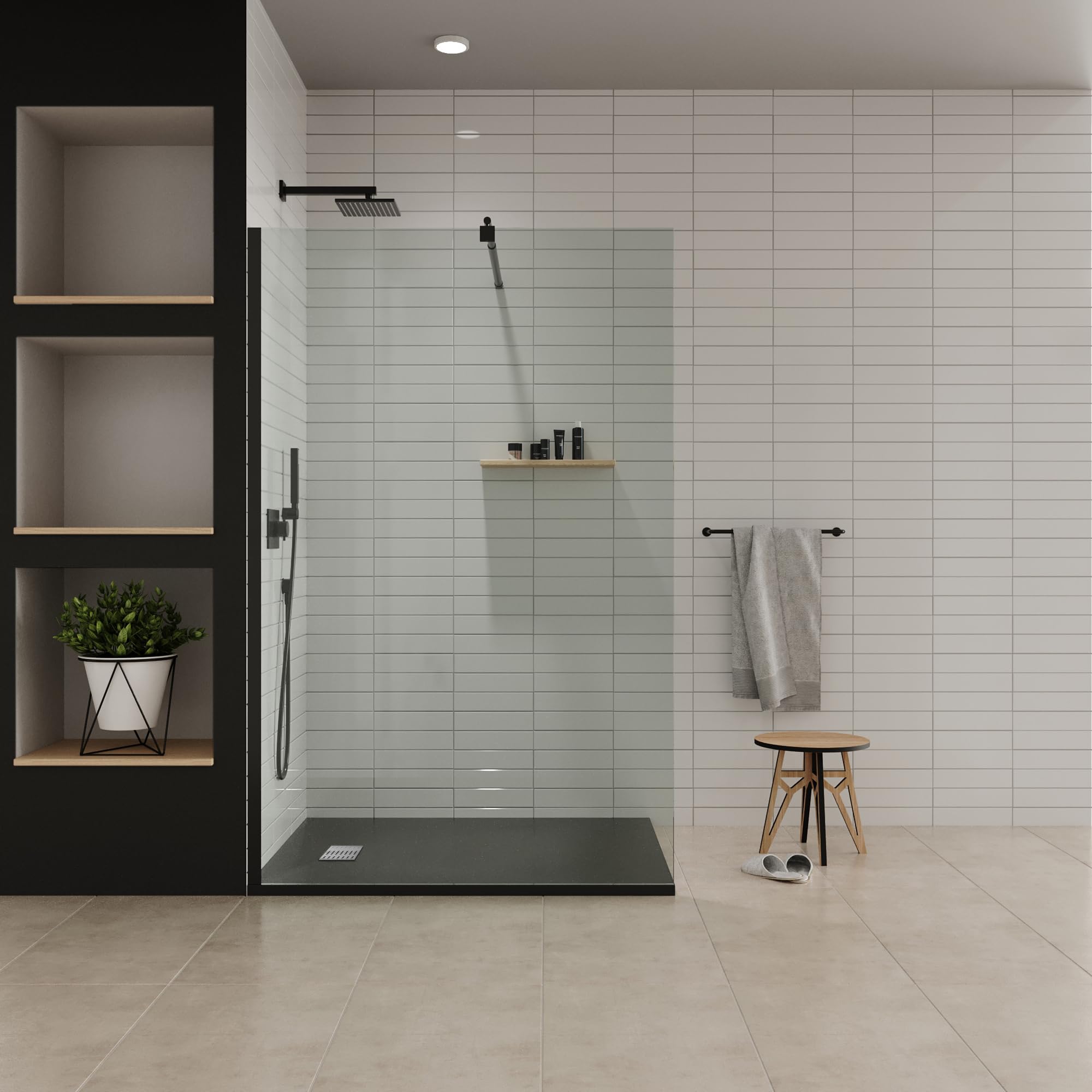 Plato de ducha 70 x 160 cm BOREAL negro RAL 7021 resina SMC extraplano 26 mm, antideslizante con tecnología GRIPSTONE, textura pizarra, válvula de desagüe y rejilla en inox