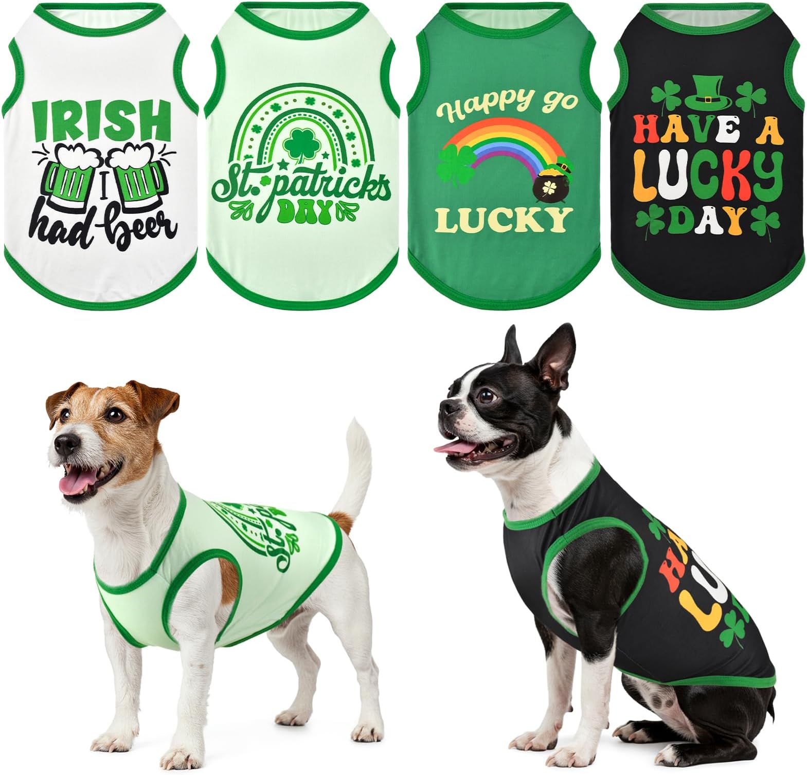 4 Pack St. Patrick's Day Dog Shirts Shamrock Rainbow Bridge Tank Tops for Small Medium Dogs Cats Puppies Lucky Green Beer Pattern Sleeveless Vests Polyester Size M