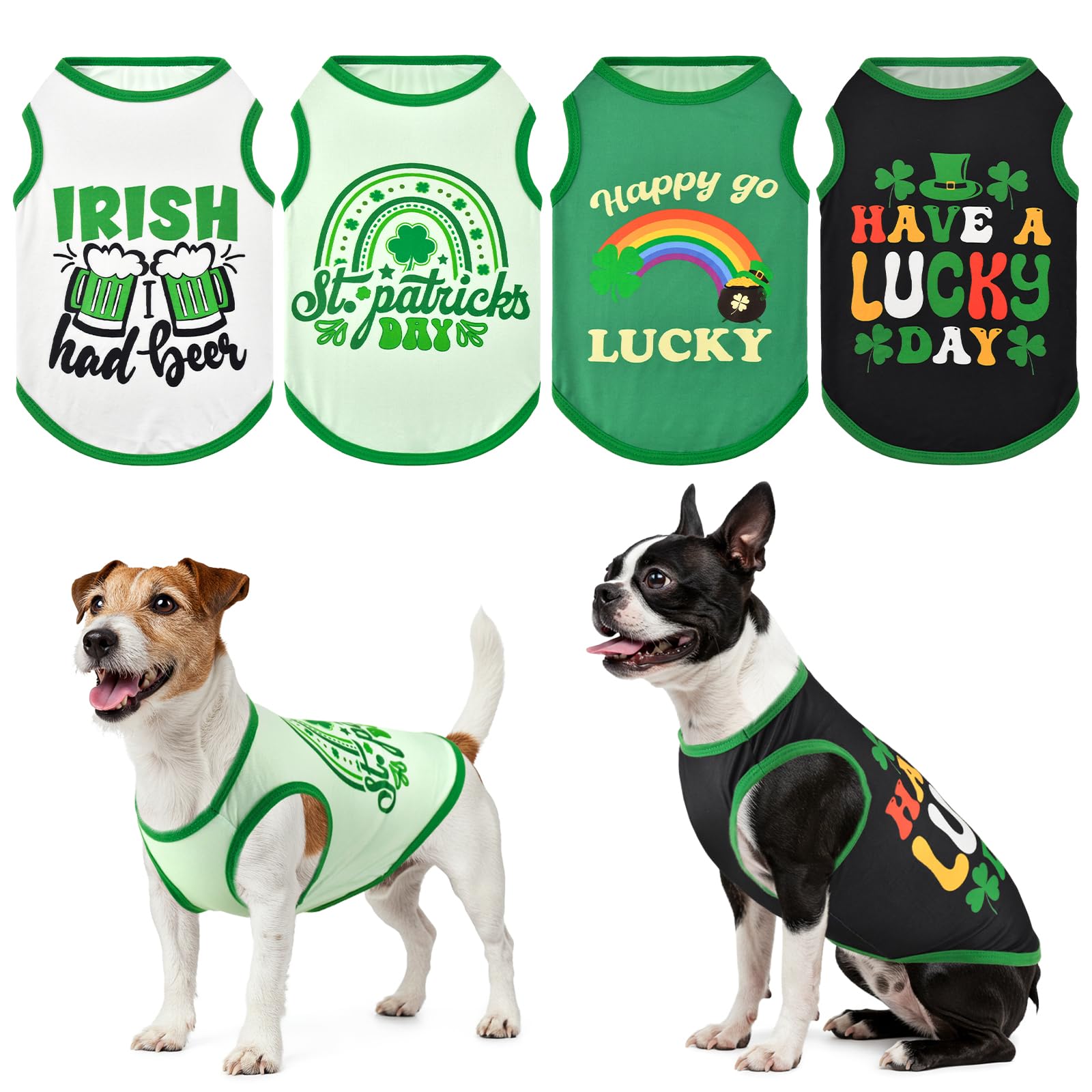 LyssKMK 4 Pack St. Patrick's Day Dog Shirts Shamrock Rainbow Bridge Tank Tops for Small Medium Dogs Lucky Green Beer Pattern Sleeveless Vests for Cats