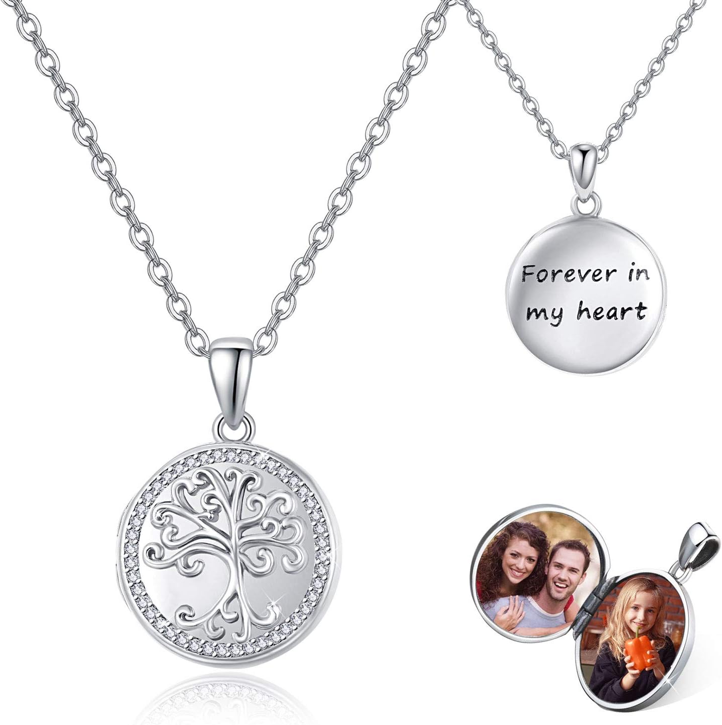 CuokaTree of Life Locket Necklace That Hold Photos 925 Sterling Silver with Cubic Zirconia Forever in My Heart Locket Pendant Statement Jewelry Birthday Gift For Her Women Girls Medium blue