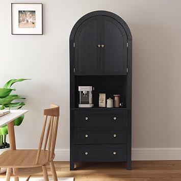 FurSch 71" Tall Arched Kitchen Pantry Cabinet with Microwave Shelf,Modern Farmhouse Hutch Cabinet with Drawers & Door,Arched Storage Sideboard CabinetsBlack, 71inch