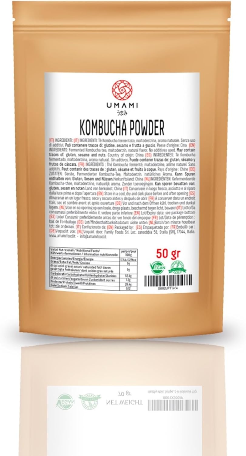 Umami Kombucha w czystym proszku, 100% 50 g, z żywymi kulturami i probiotykami, bez cukrów i dodatków, natychmiastowy napój dla zdrowej flory jelitowej