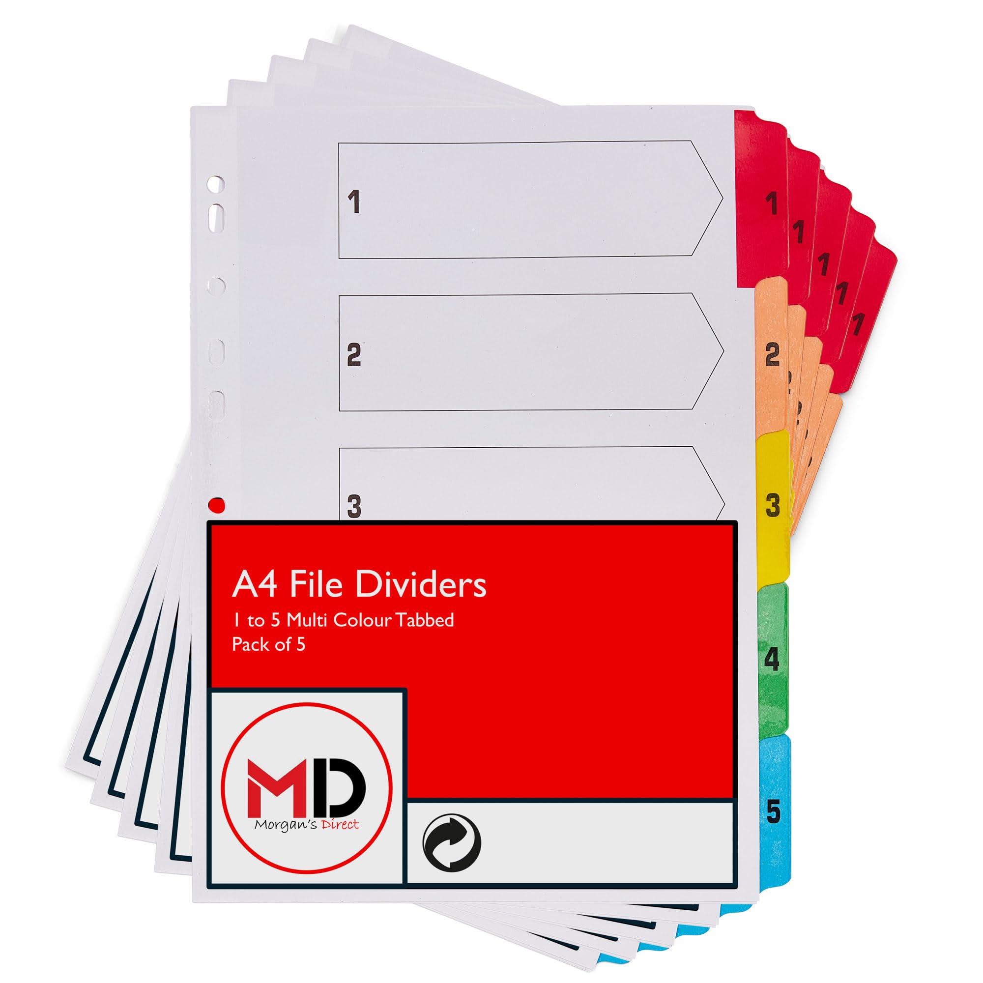 A4 1-5 File Dividers with Coloured Numbered Index Tabs - Multi Hole Punched and Reinforced Subject Divider - Pack of 5