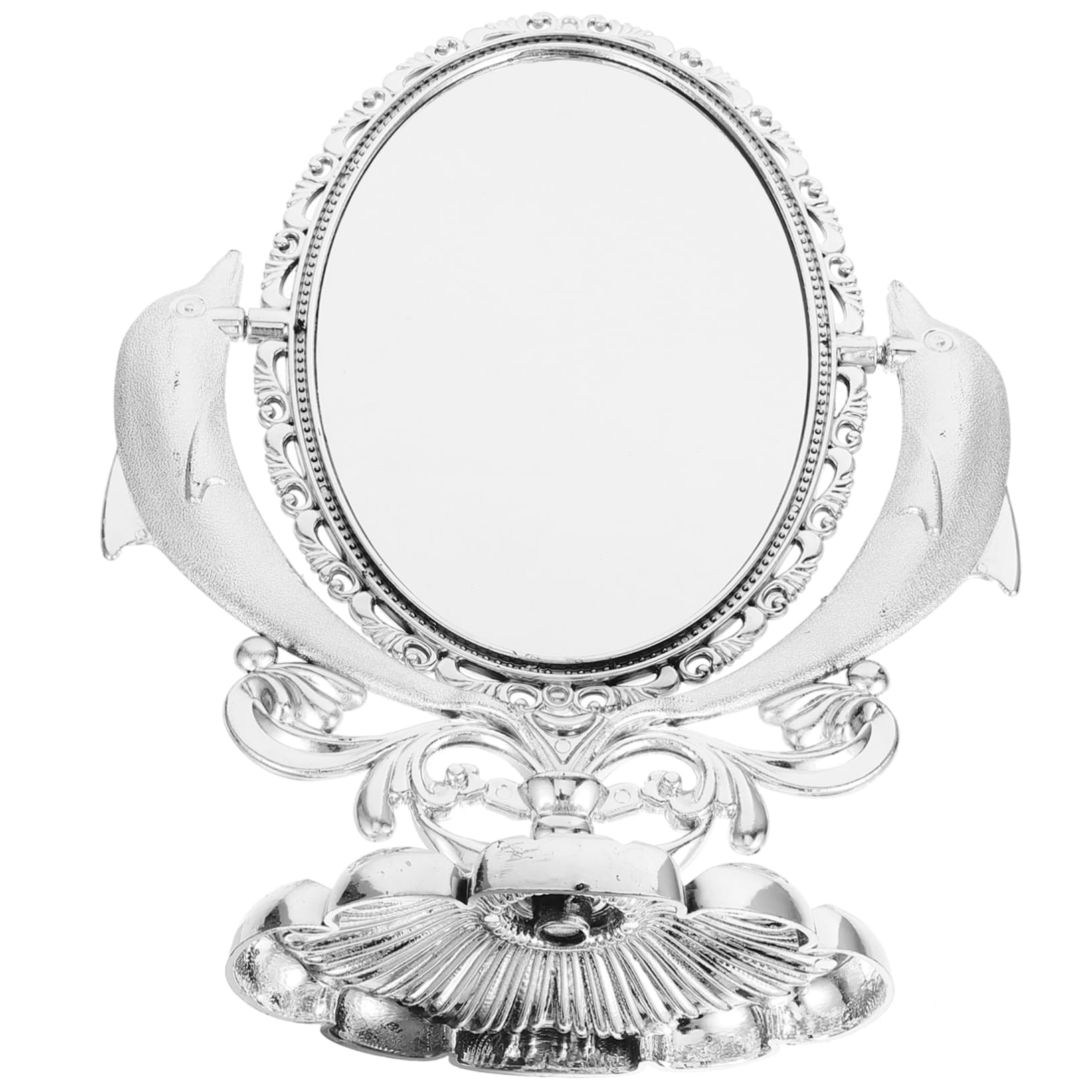 Miroir de maquillage double face argenté idéal sur une coiffeuse de chambre