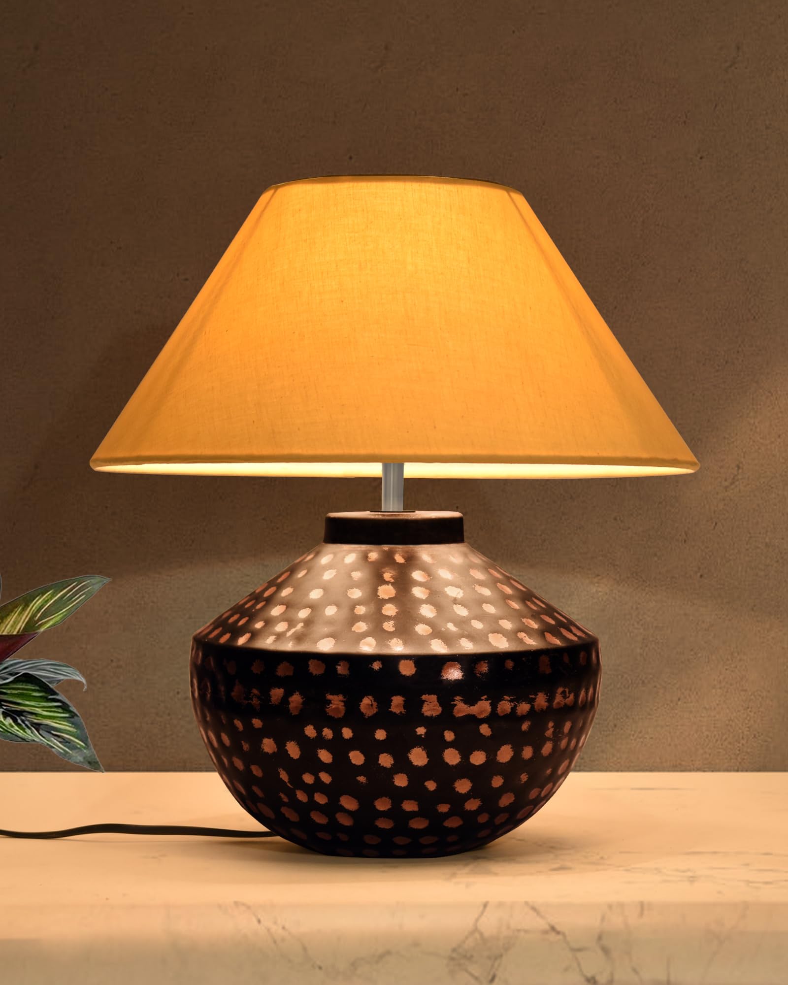 Homesake ® Buckhead Pitcher Modern Accent Table Lamp Warm Bronze Brown Sculptural Geometric Textured Urn Tapered Fabric Drum Shade Bedroom Living Room House Home Bedside Nightstand, Cone (Yellow)-picture-11