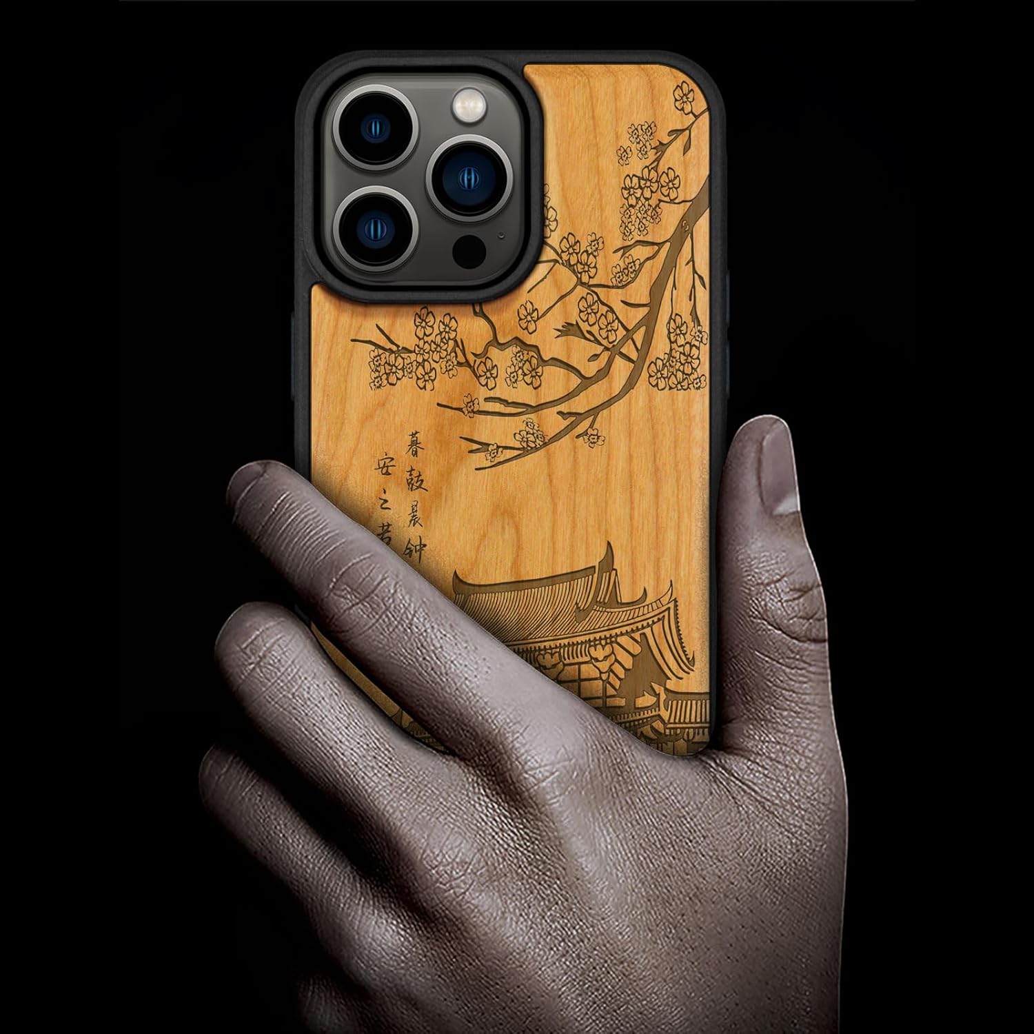 Carveit Magnetic Wood Case for iPhone 14 Pro Max [Natural Wood & Black Soft TPU] Unique & Classy Wooden Shockproof Protective Cover Compatible with magsafe (Traditional Temple -Cherry)