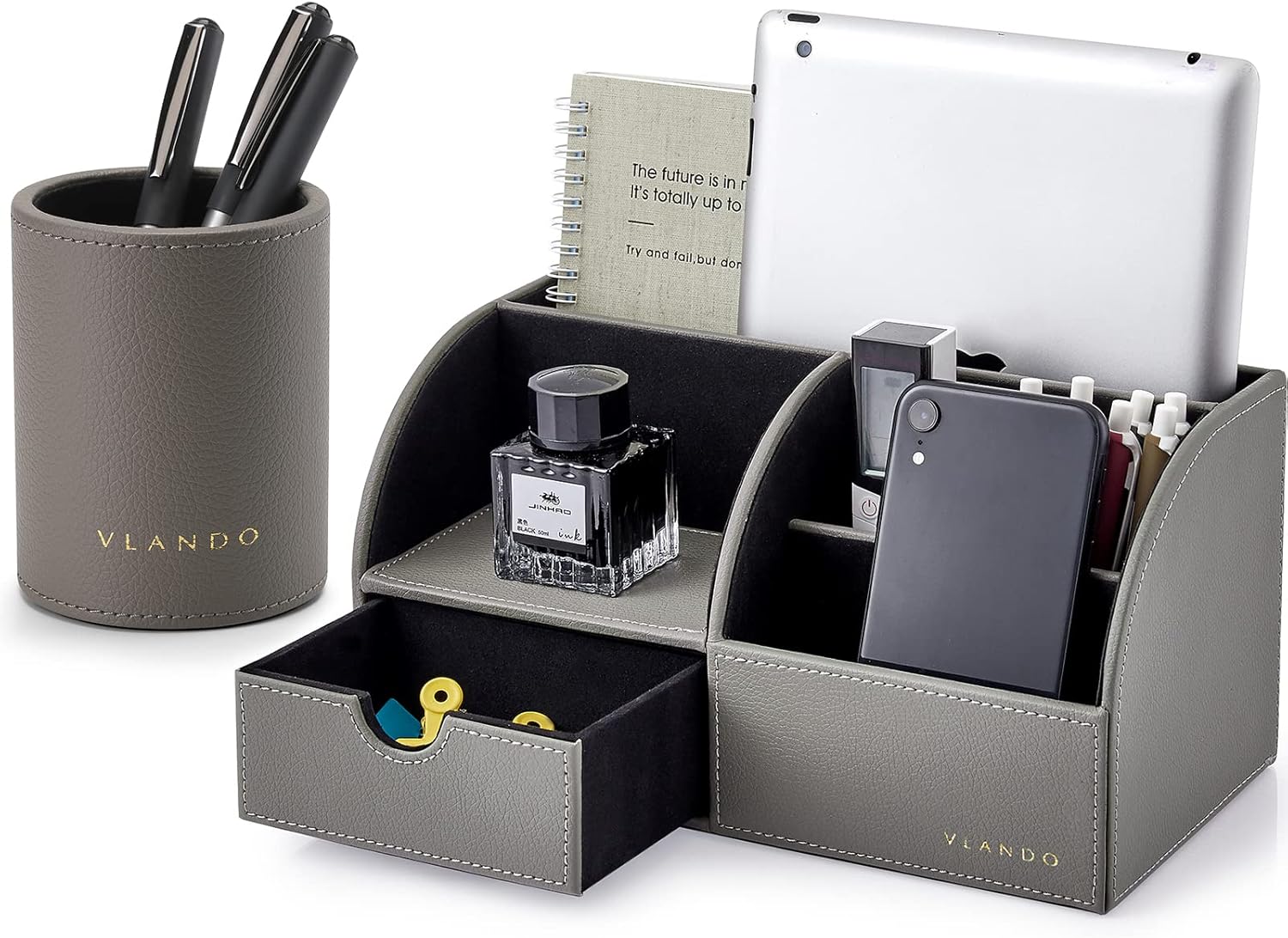 Vlando Office Desk Organizer Leather Desktop Organizer Caddy with Drawer for Storing Desktop Supplies and Accessories (Grey Set)