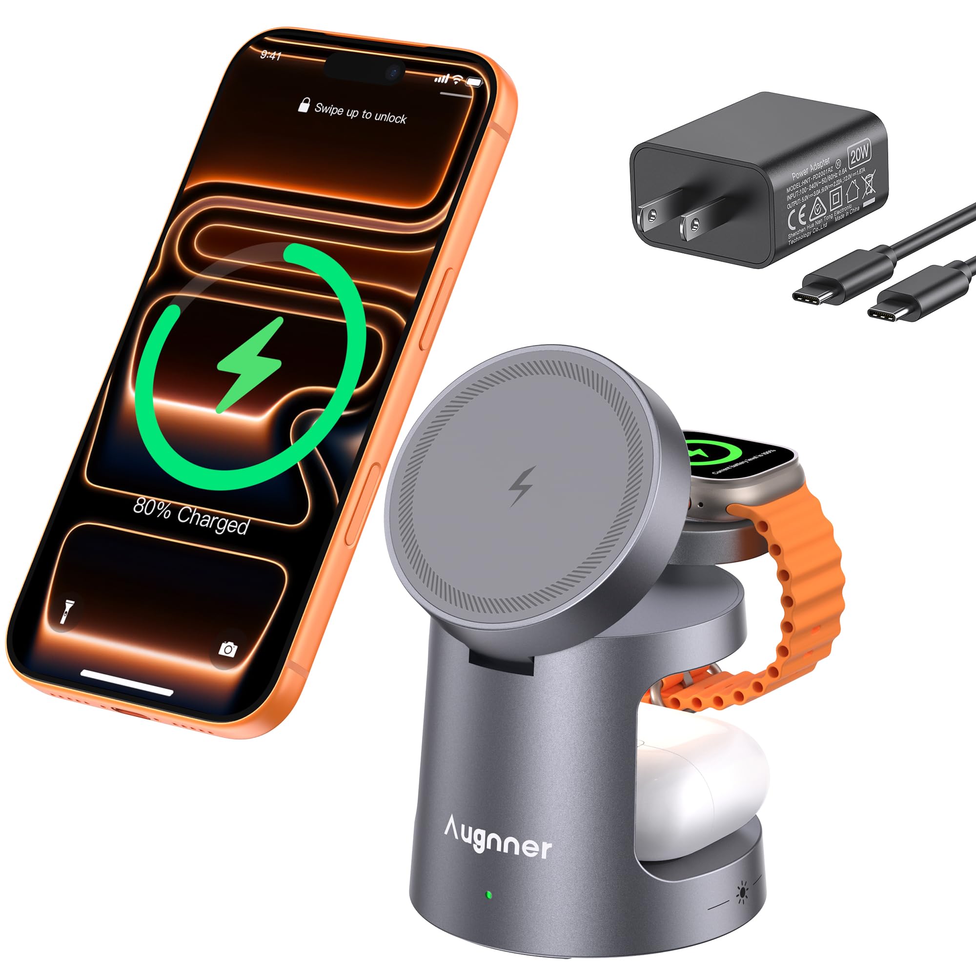 Cargador Inalámbrico Magnético 4 en 1, 15W Cargador portátil Plegable para iPhone 17/16/15/14/13/12, Estación de Carga para Apple Watch Serie y AirPods Pro/2/3/4(20W Adaptador Incluido)