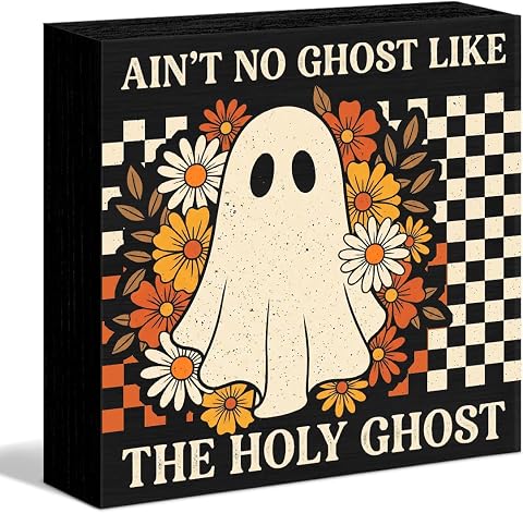 Retro Halloween Ghost Desk Décor – Wooden Sign for Home Shelf