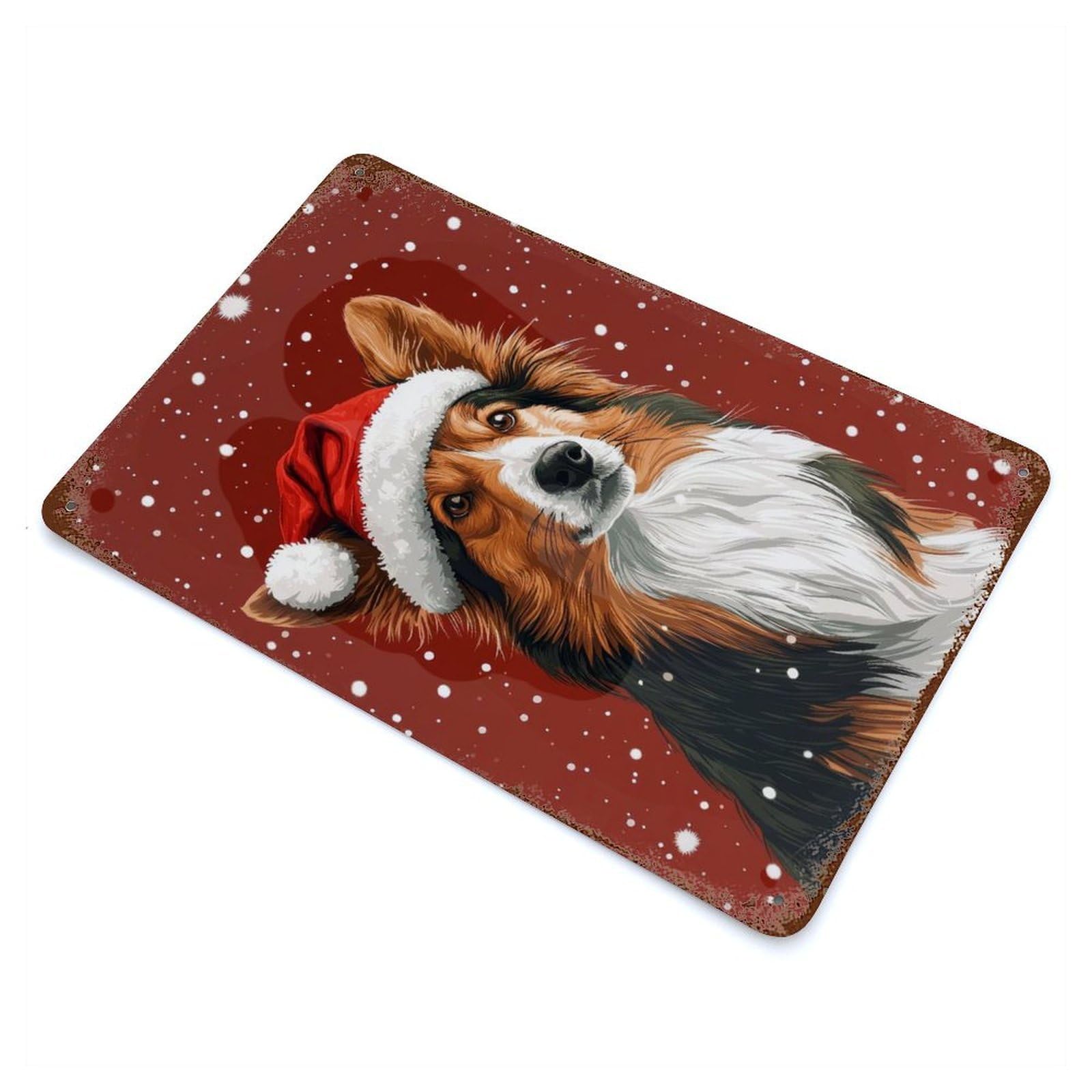 Christmas Collie with Santa Hat Holiday Dog Print 11.8"x7.9" Rusty Metal Tin Sign, Shabby Chic Decor for Bistro, Counter And Cafe Decor