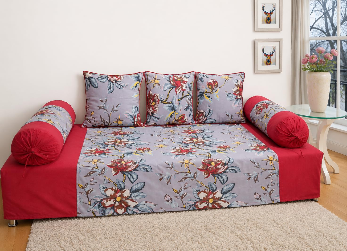 Ss Creationz Diwan Set Pure Cotton 6 Pcs | Deewan Ethnic Motif Printed Bedsheet Set for Living Room Hall 1Bedsheet 2-Bolster Cover 30x30 Inch | Cushion Cover 16x16 Inch - Red-image-29