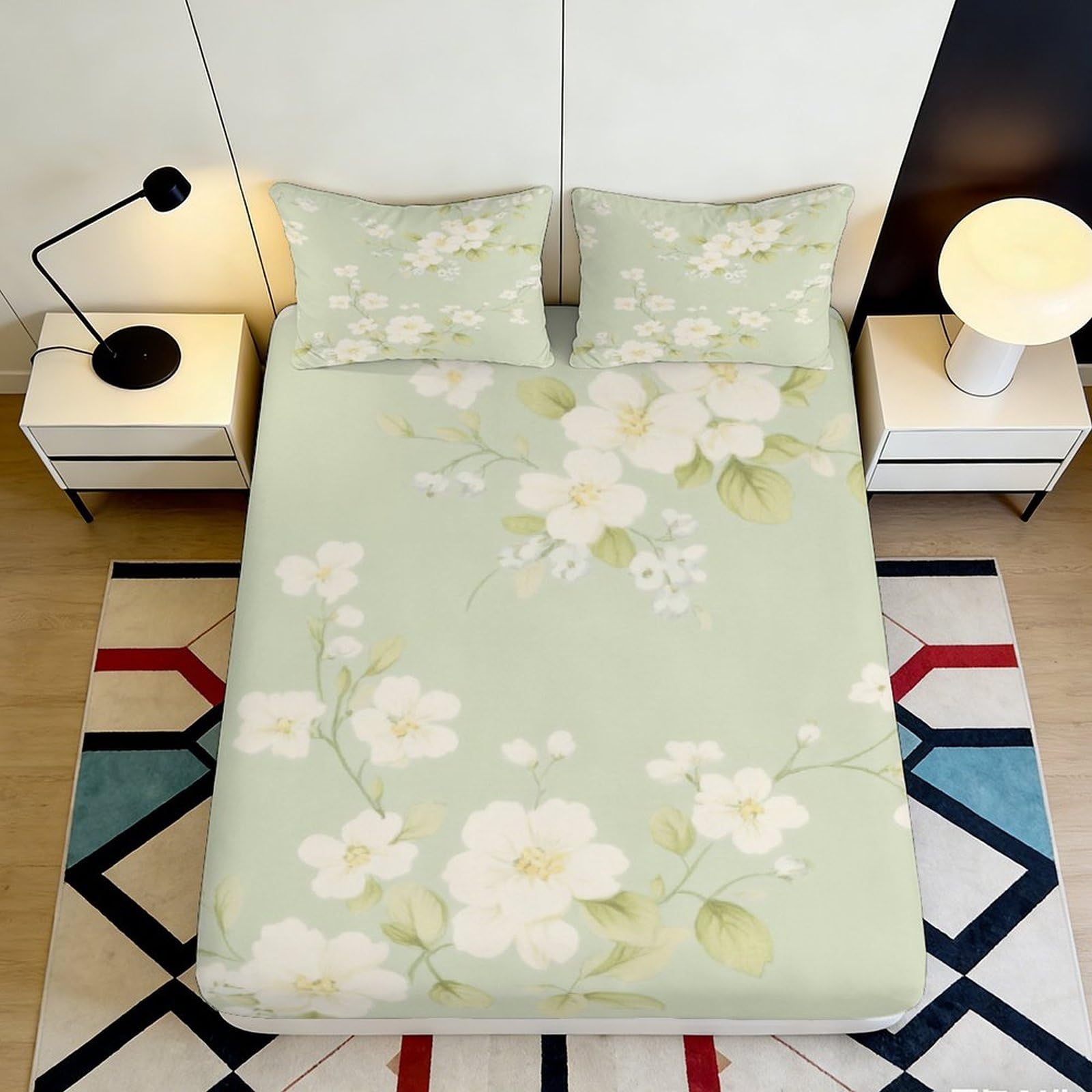 3D Printed Floral Fitted Sheet, Green Microfiber, Soft Touch, Wrinkle Resistant, Bed Sheet for Bedroom, Guest Room Bedding, Easy Care, 100x200cm 90x200x25cm