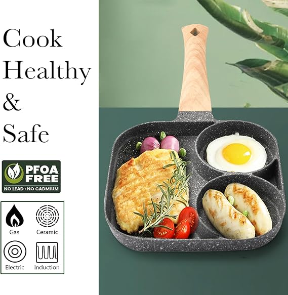 JUSTUP Nonstick Egg Frying Pan, Mini 3-in-1 Nonstick Pan Divided Grill Frying Pan, Heat Resistant Handle 3 Section Skillet Mini Pancake Pan, Cooking Pan for Breakfast, Egg, Bacon and Burgers, 7.3 in