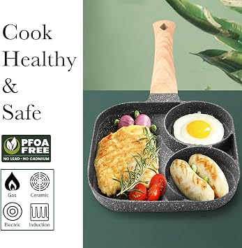 JUSTUP Nonstick Egg Frying Pan, Mini 3-in-1 Nonstick Pan Divided Grill Frying Pan, Heat Resistant Handle 3 Section Skillet Mini Pancake Pan, Cooking Pan for Breakfast, Egg, Bacon and Burgers, 7.3 in
