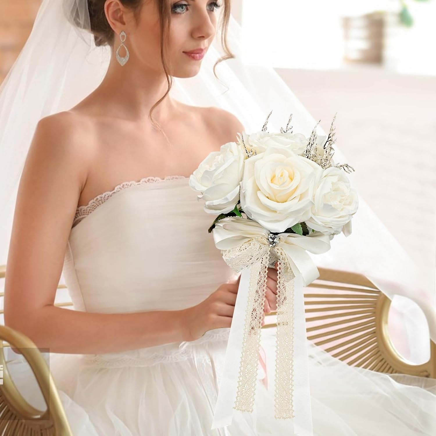 Verichy 8.5 Inches Wedding Bouquet Cream Artificial Flower Bouquet 15 Faux Roses for Bride Wedding Marriage Proposal Party Church Decoration