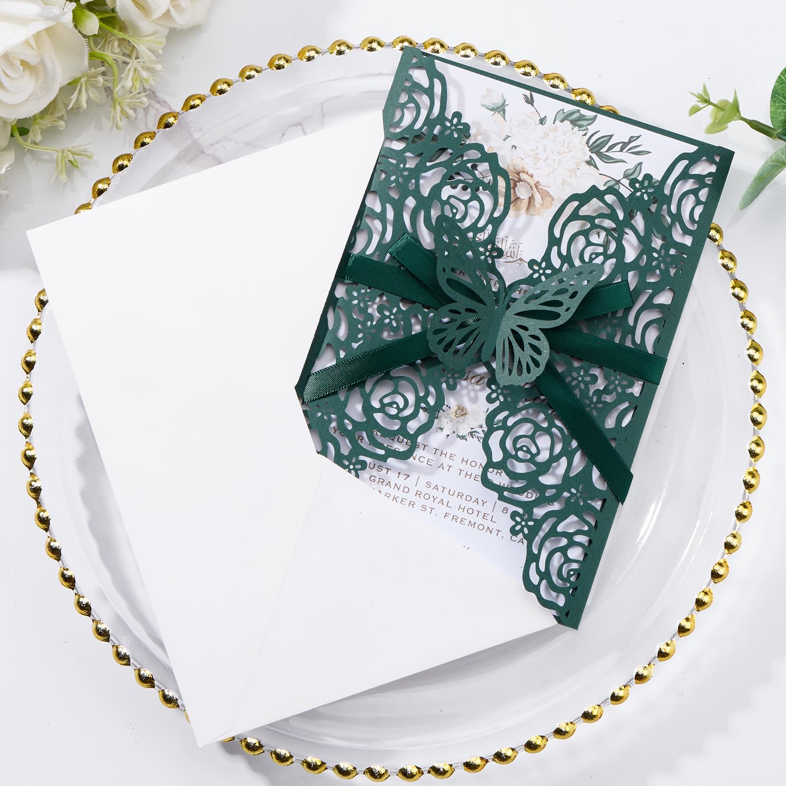 Smaragdgrüne Hochzeitseinladungen mit Umschlägen und RSVP-Karten, Blanko-Innenkarten, Bändern, für Hochzeit, Babyparty, Quinceañera-Party-Einladungen, 50 Sets