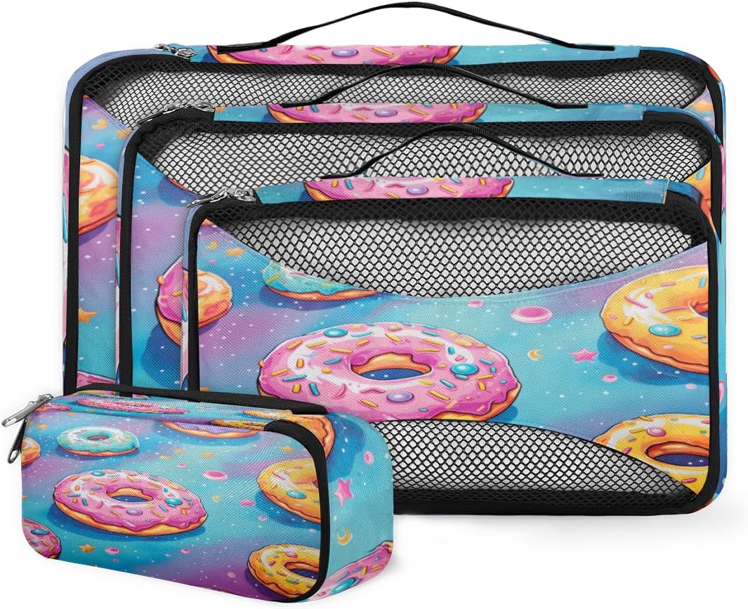 4 Set Packing Cubes for Suitcases, Travel Essentials for Carry on Luggage, Abstract Donut Suitcase Organizers for Clothes Shoes Toiletries Travel Accessories in 4 Sizes - Fantastic Donut