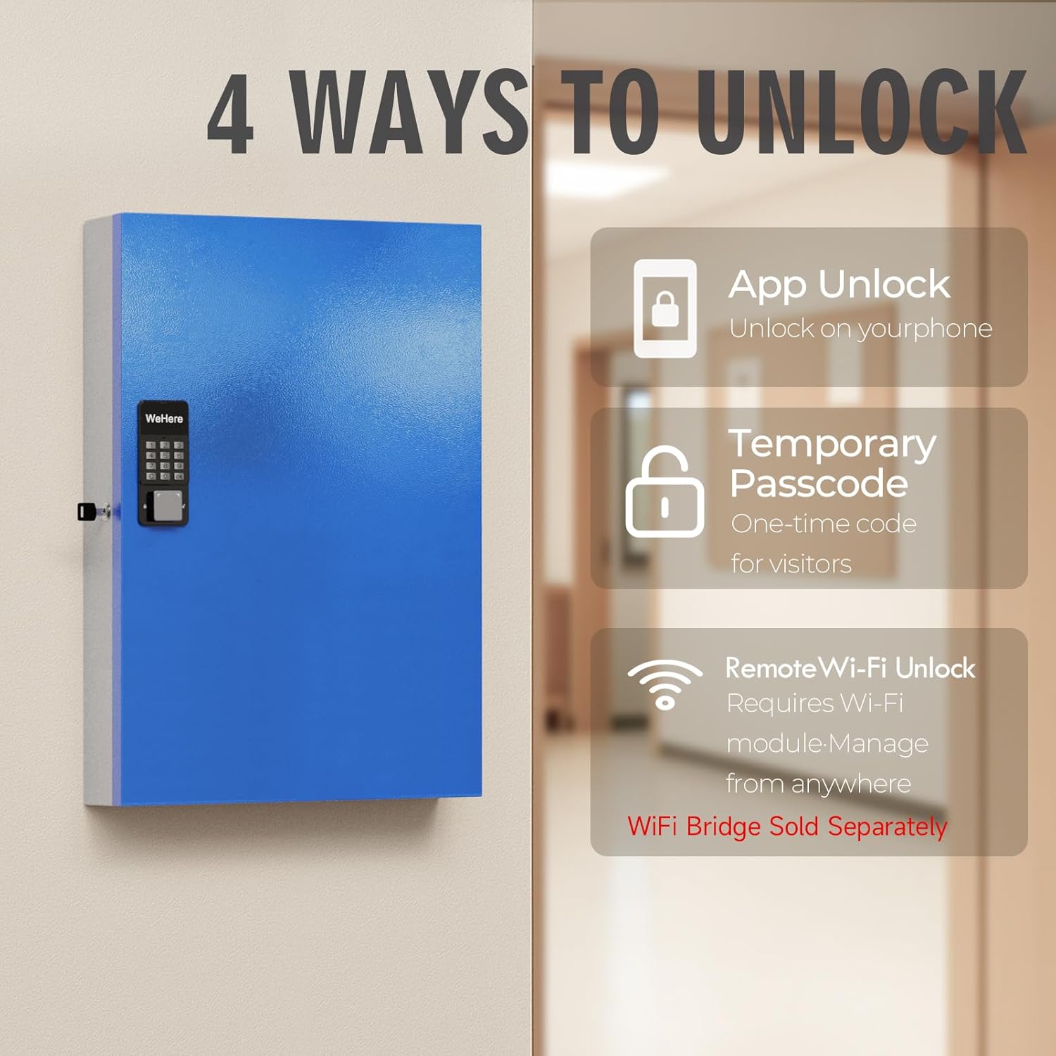 WeHere 192-Key Smart Key Lock Box Wall Mount – Commercial Key Cabinet with App, Keypad, Bluetooth & WiFi Unlock (Sold Separately), Key Management System for School, Office, Property, Access Log Track