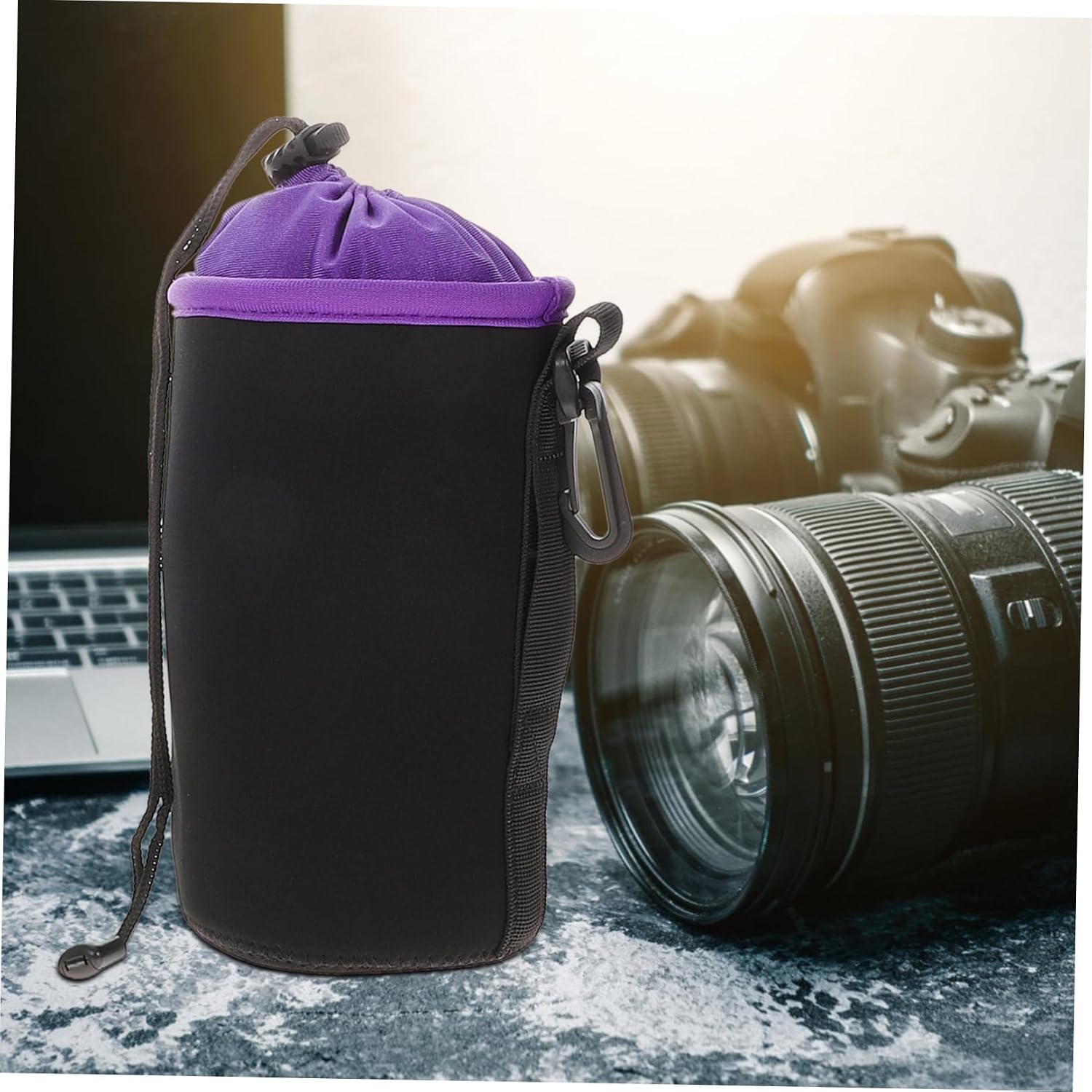 OSALADI Waterproof Camera Lens Pouch Set Thickened Fleece Lens Protector Bags in S/m/l/xl Sizes with Drawstring for Photographers Purple