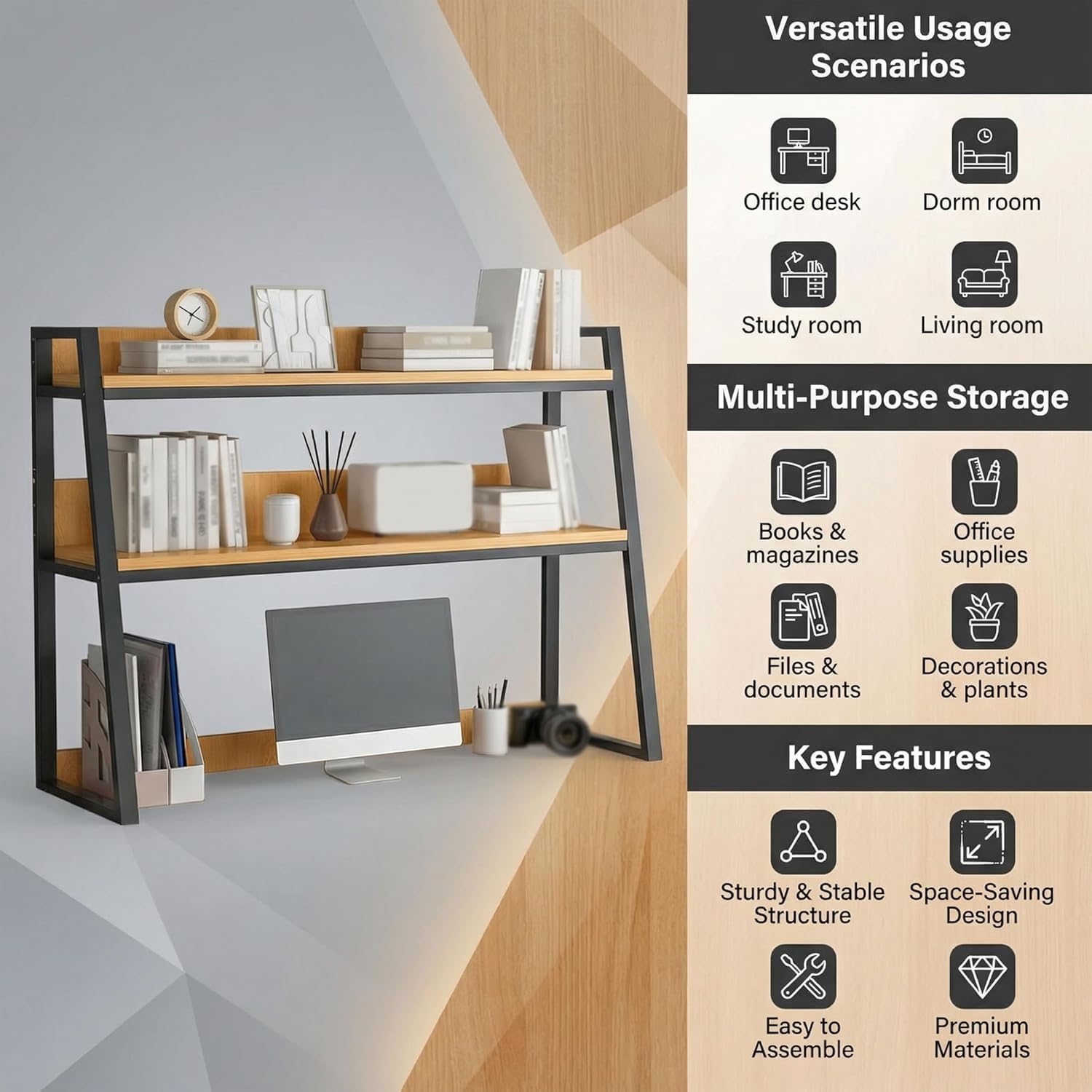 Scaffale organizer da scrivania, libreria trapezoidale a 3 livelli con struttura in metallo e ripiano in legno, scaffale salvaspazio per ufficio, dormitorio, studio, nero (75CM)