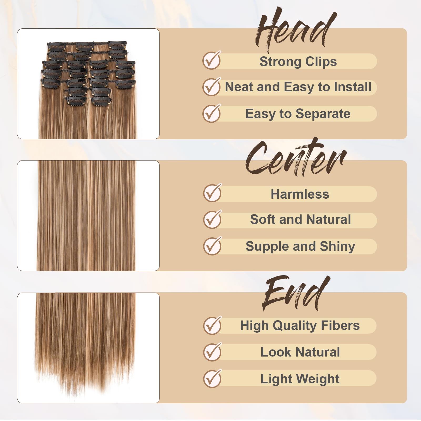 Benehair 22" Clip in Hair Extensions 12 Pcs Long Straight Hair Extensions Clip in Synthetic Fiber Full Natural Extension Medium Brown mix Blonde Hair Piece for Women(Medium Brown mix Blonde - Image 4