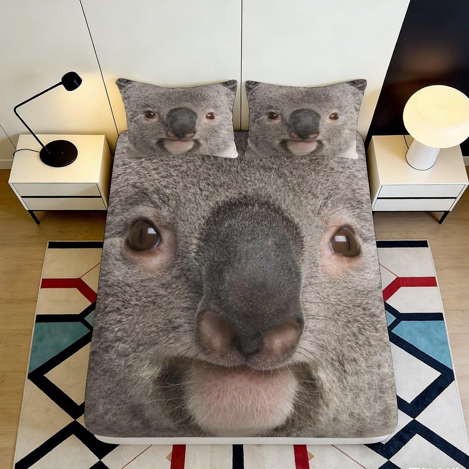 3D Printed Cartoon Koala Fitted Sheet Microfiber Bedroom Set Non-Slip Deep Pocket Koala Mattress Fitted Cover Full Wrap Washable for Adults Youth 160x200x25cm